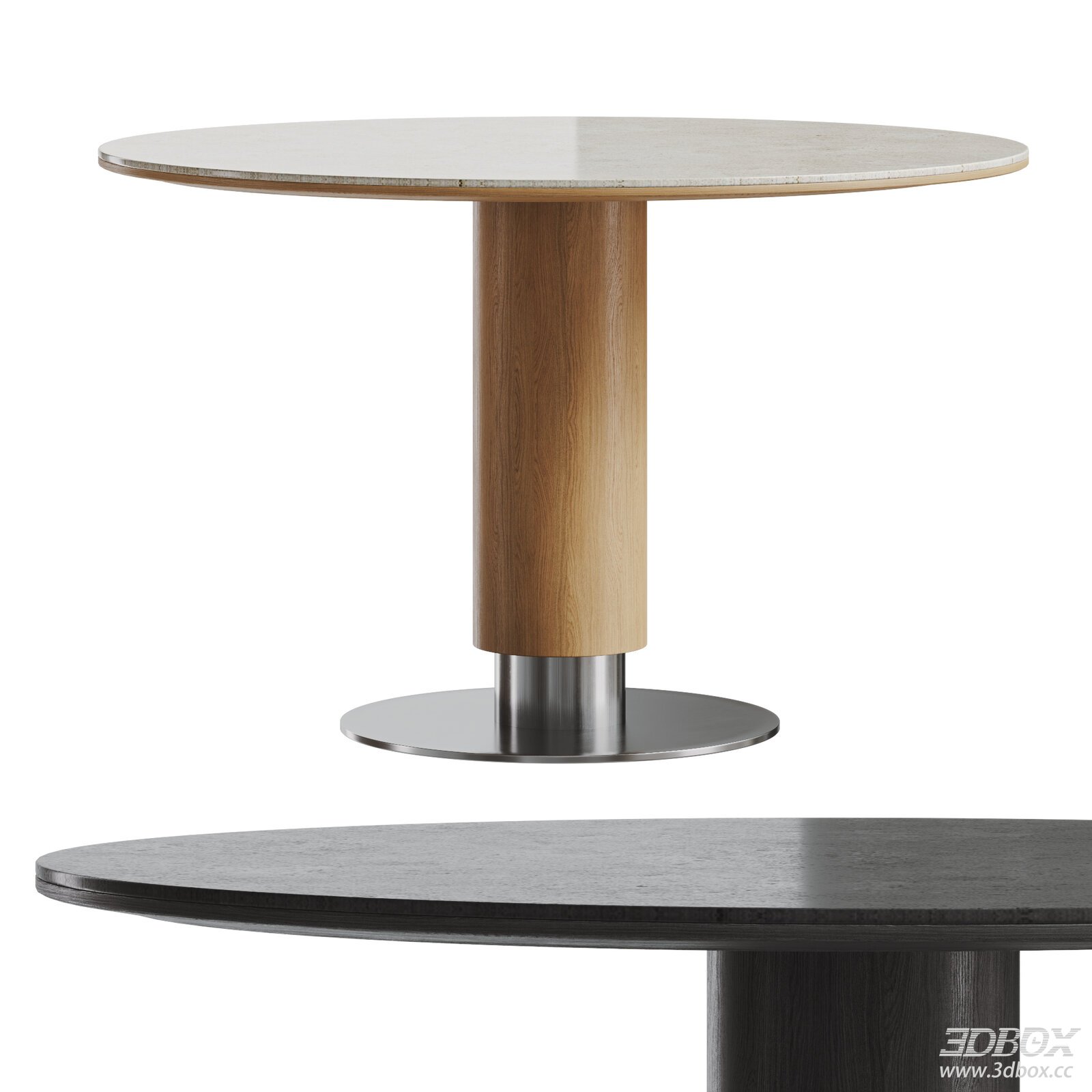 Nordic Round Stone Top Dining Table with Wood and Metal Base 3D model - front view