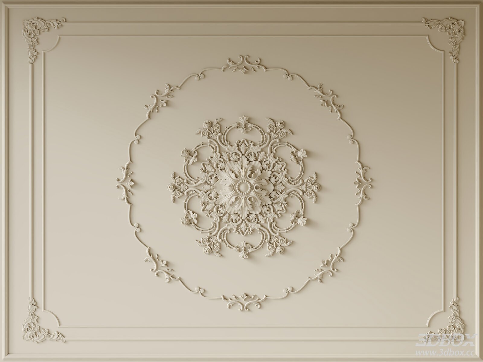 French Style Ornate Decorative Plaster Ceiling Rosette 3D model - front view