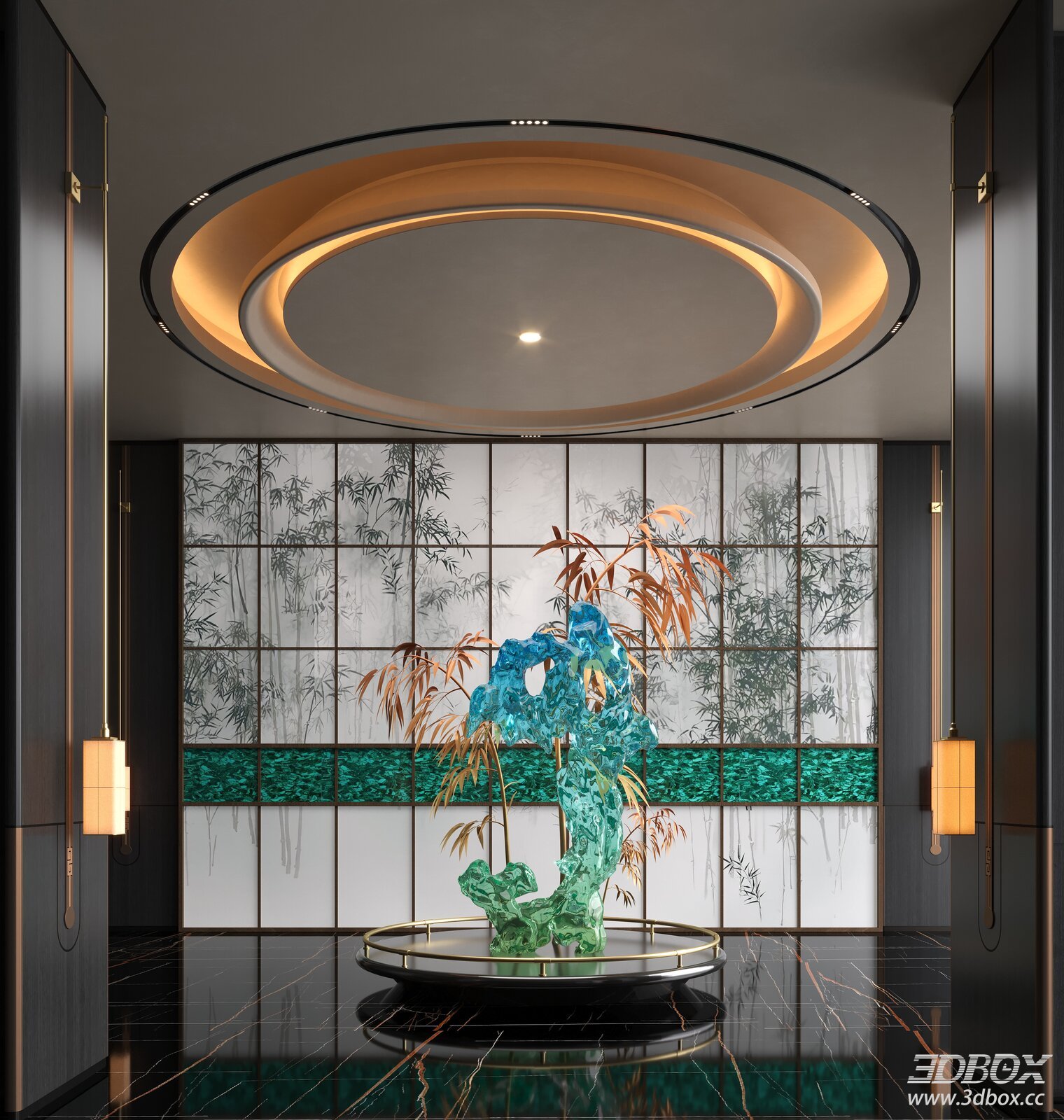New Chinese Style Hotel Lobby With Glass Art Installation 3D model - front view