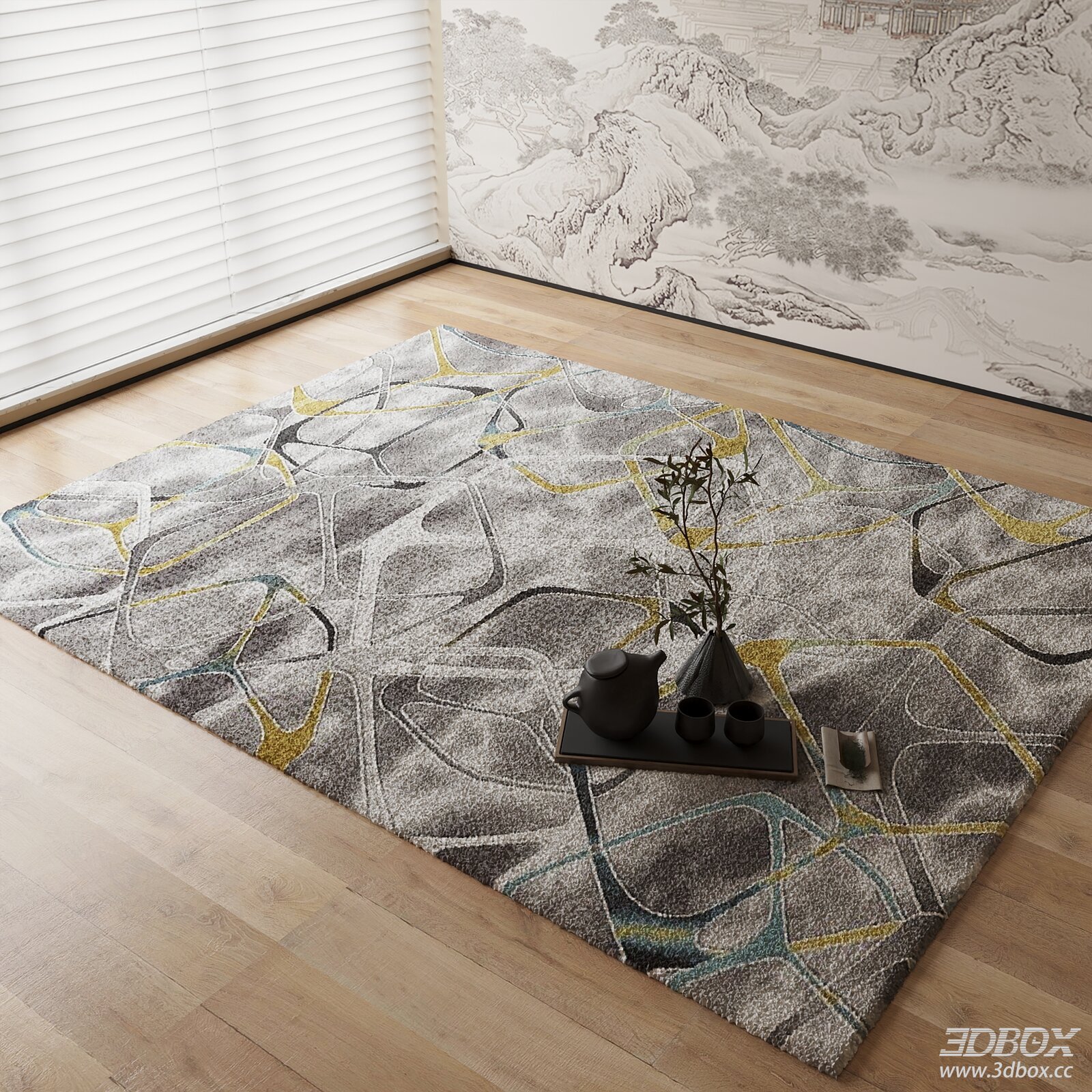 New Chinese Style Geometric Pattern Grey Carpet 3D model - front view