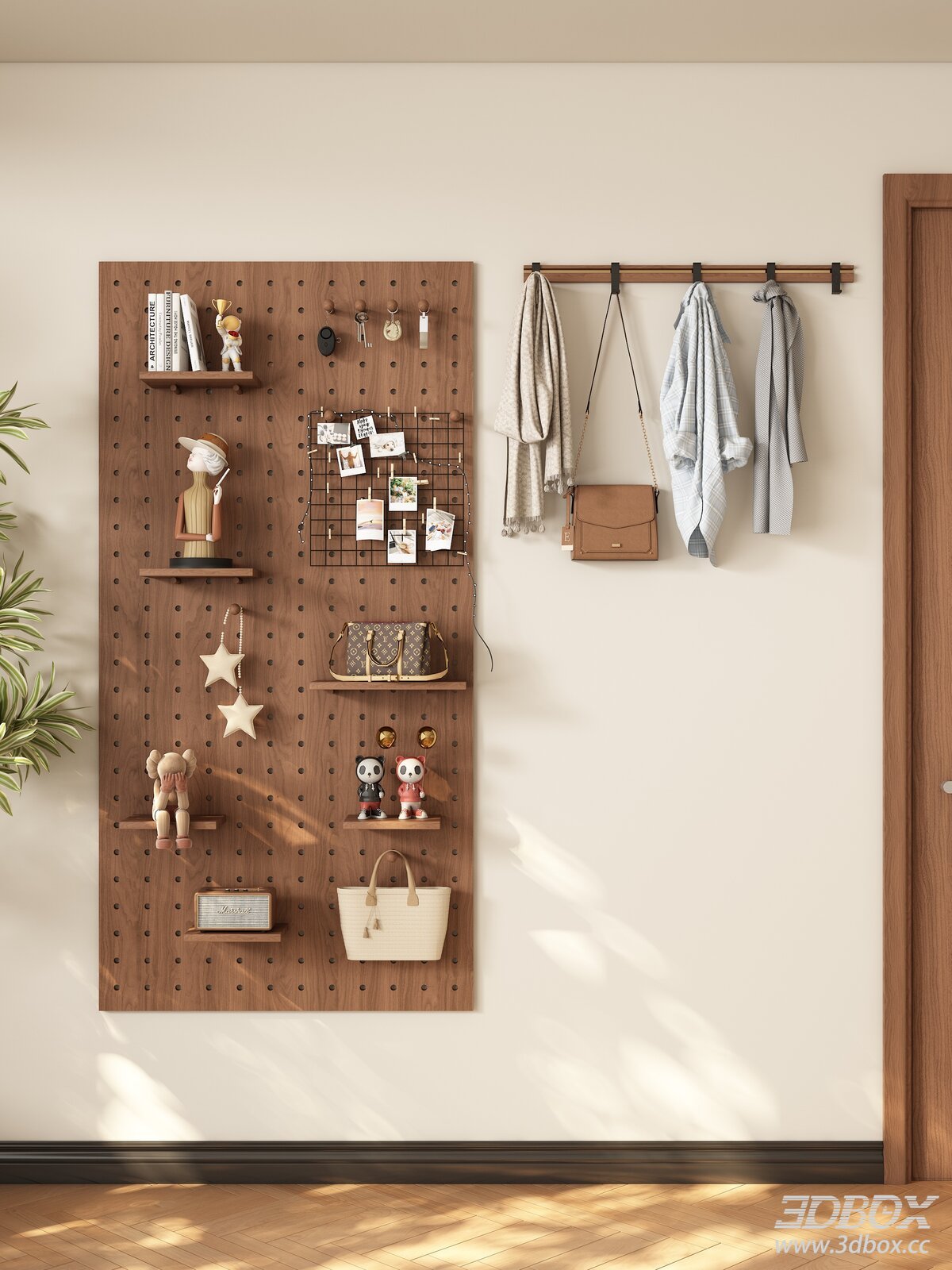Mid Century Modern Wooden Pegboard Wall Mounted Storage Rack 3D model - front view