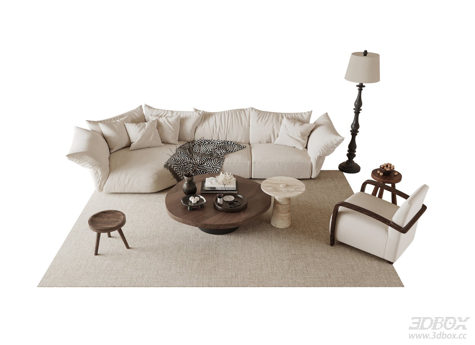 Modern French Style Fabric Sofa Set with Coffee Tables 3D model - front view