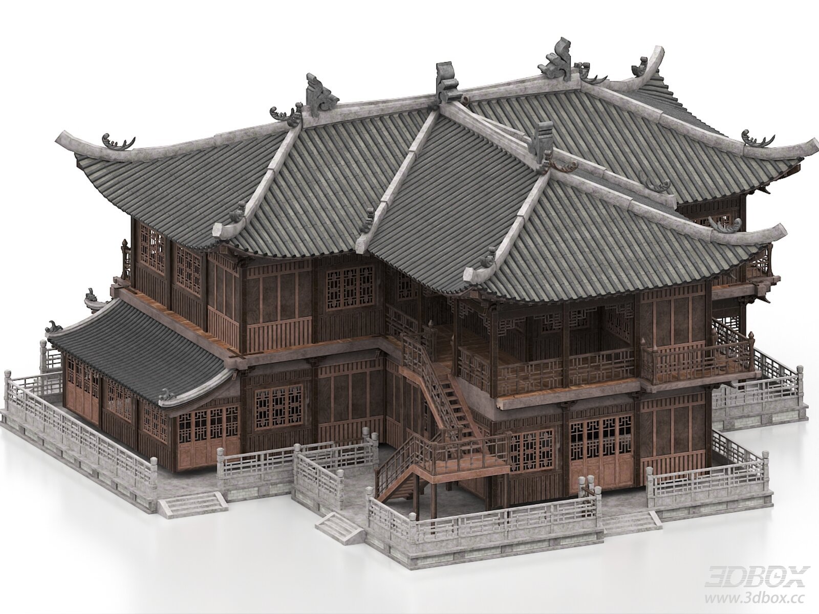 Traditional Chinese Ancient Wooden Pavilion Building 3D model - front view