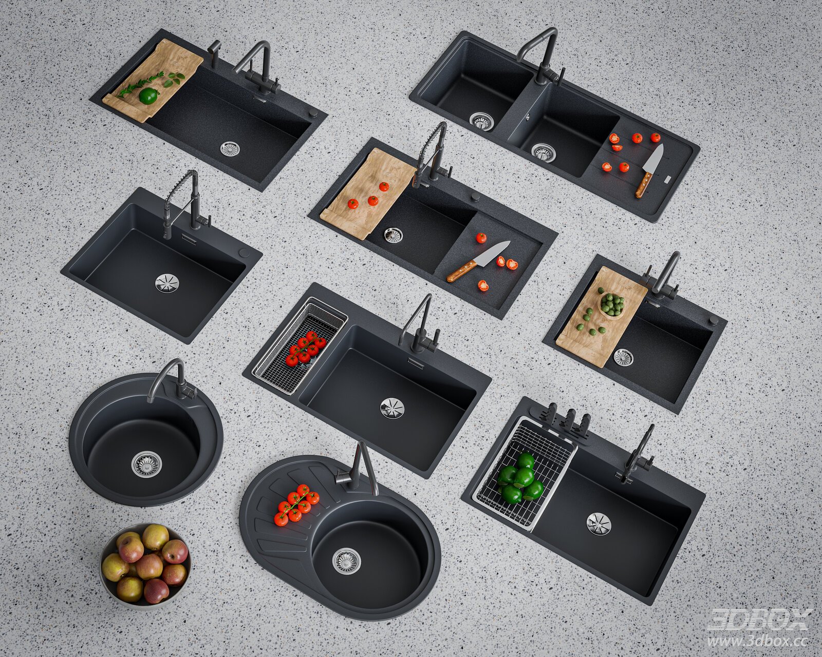 Modern Black Quartz Kitchen Sink Set with Faucets 3D model - front view