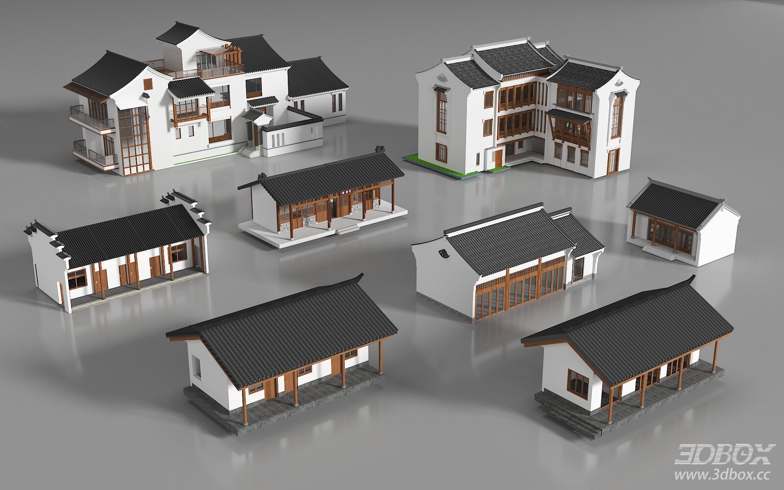 New Chinese Style Rural Homestay Residence Building Set 3D model - front view
