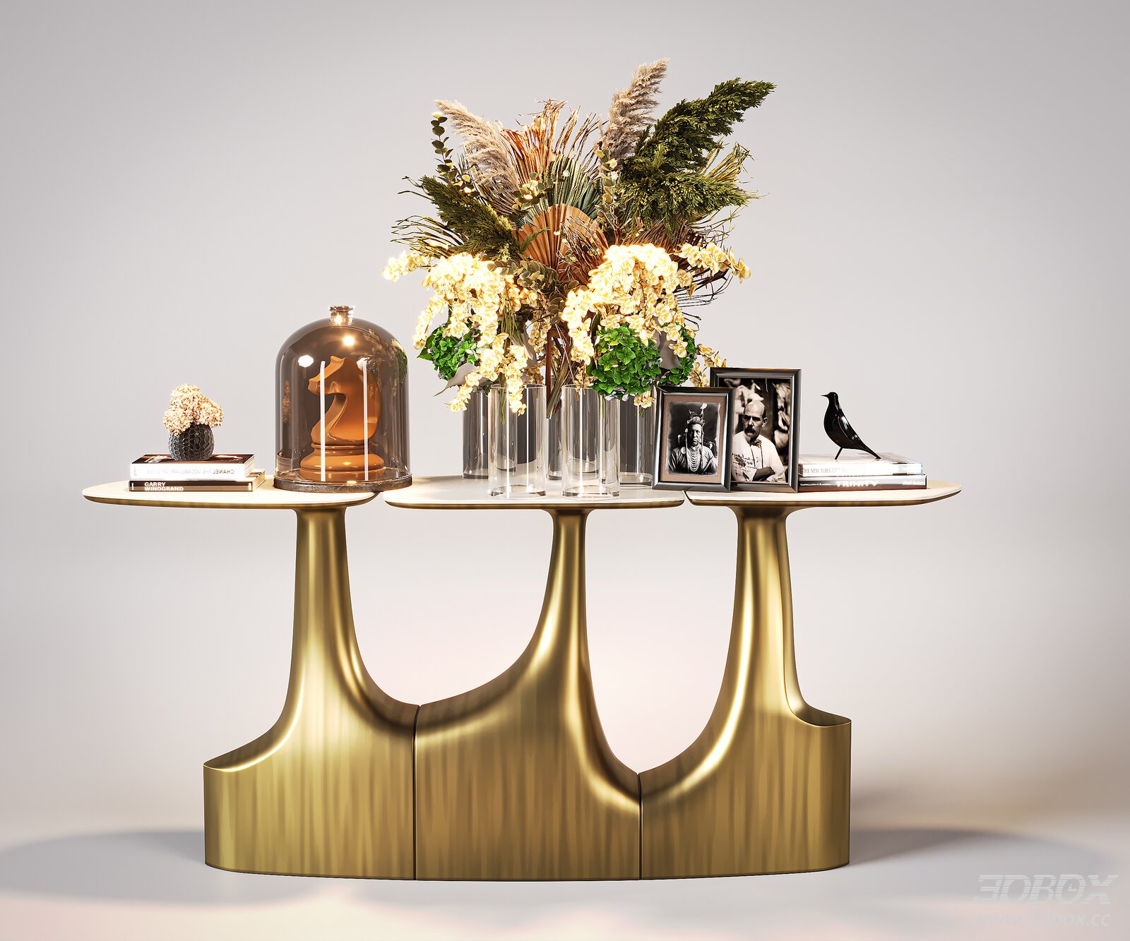 Modern Luxury Brass Marble Console Table with Decor Set 3D model - front view
