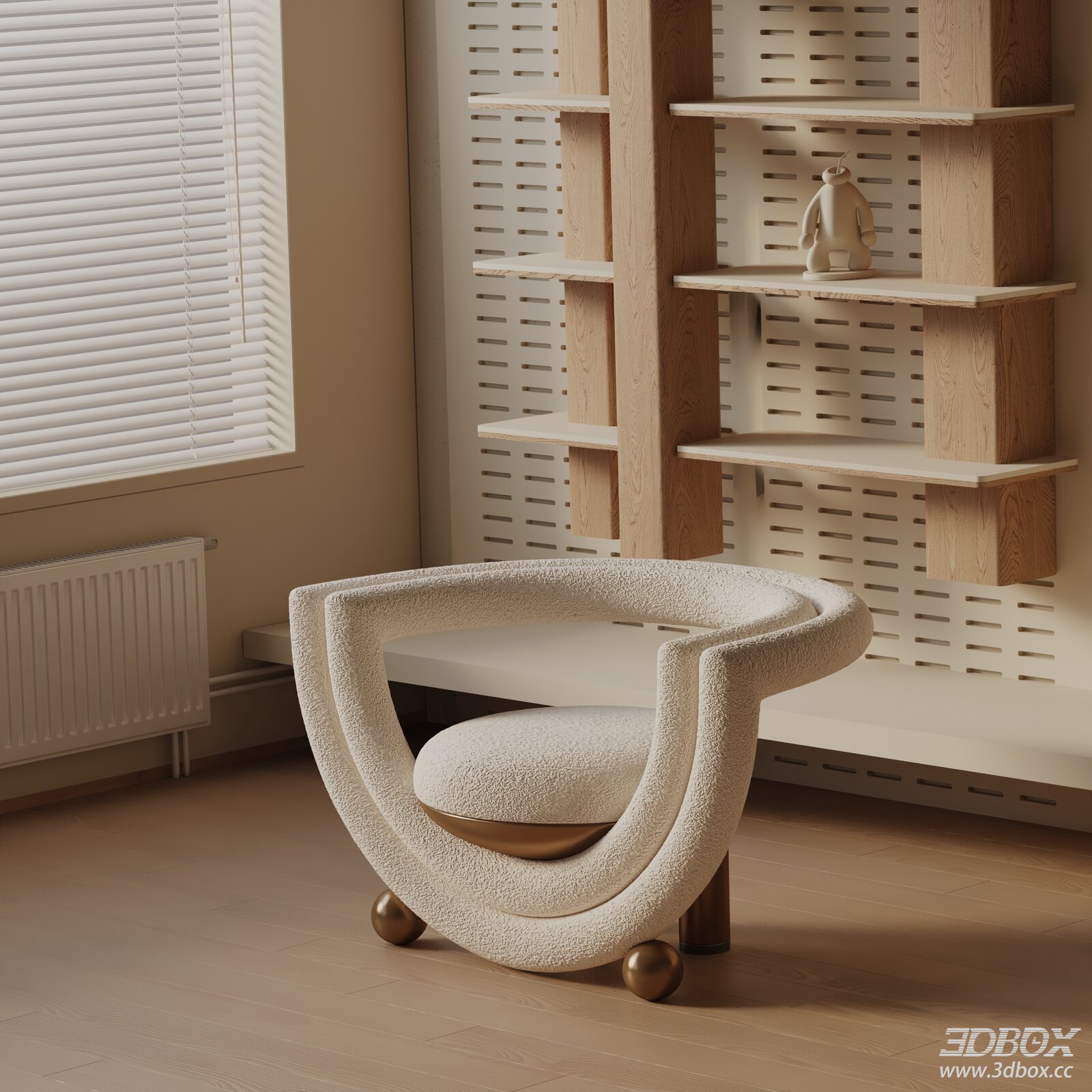 Modern Boucle Fabric Armchair with Brass Details 3D model - front view