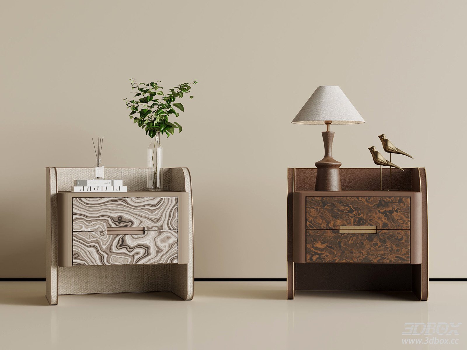 Modern Luxury Nightstand Bedside Table Set 3D model - front view