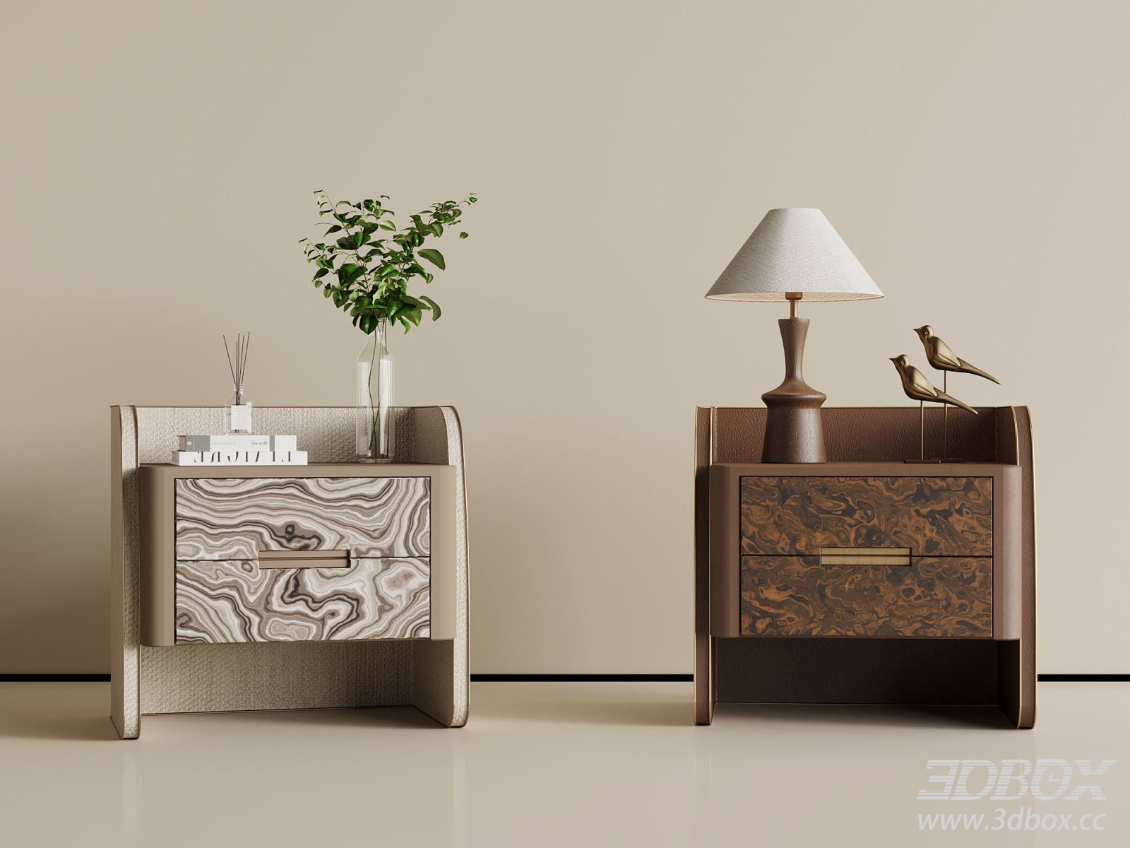 Modern Luxury Nightstand Bedside Table Set 3D model - thumbnail 1
