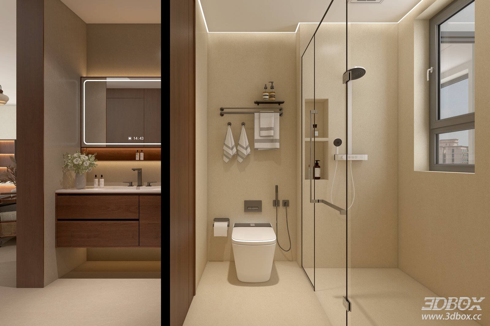 Mid Century Style Dry Wet Separation Bathroom Scene 3D model - front view