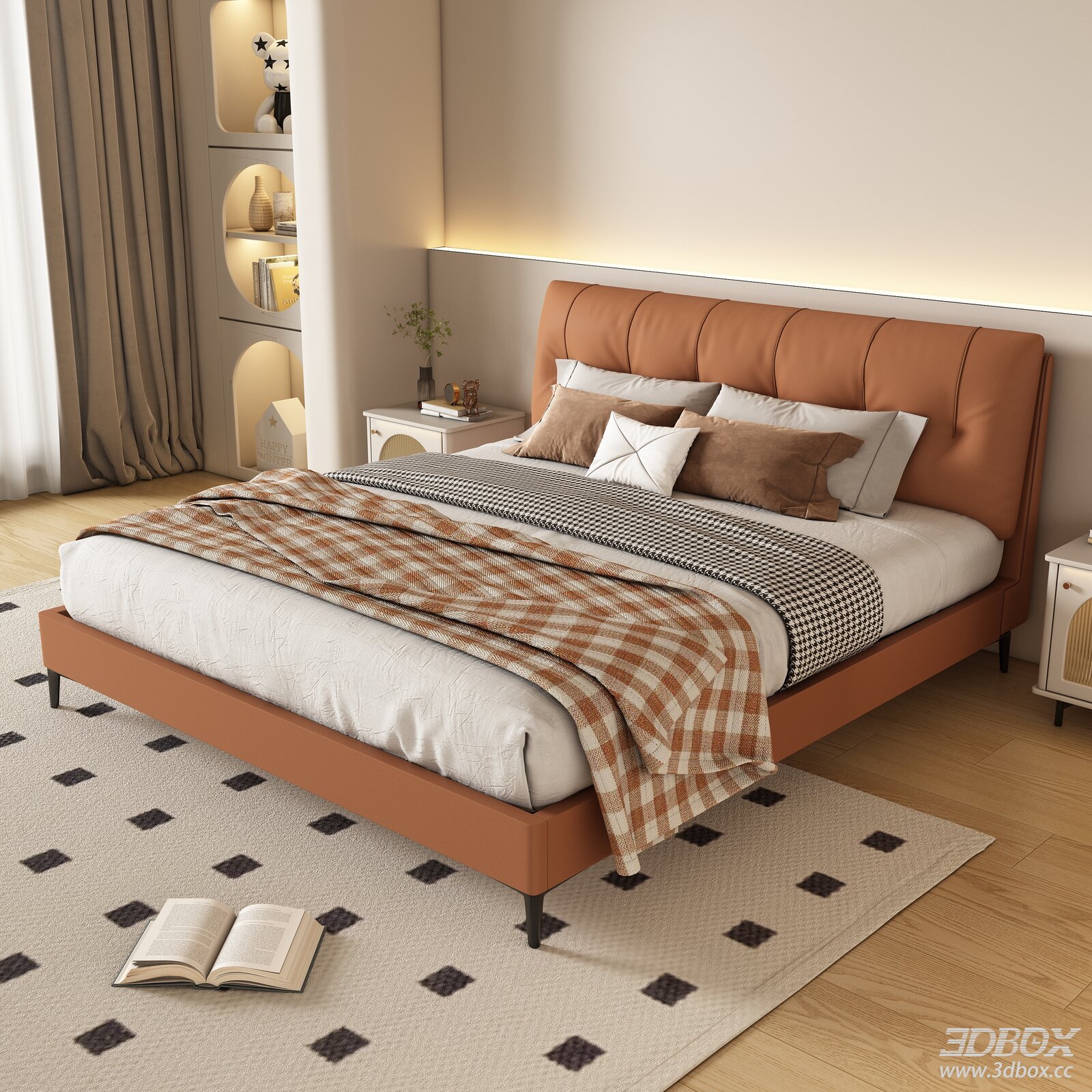 Modern Leather Upholstered Double Bed Bedroom Set 3D model - front view