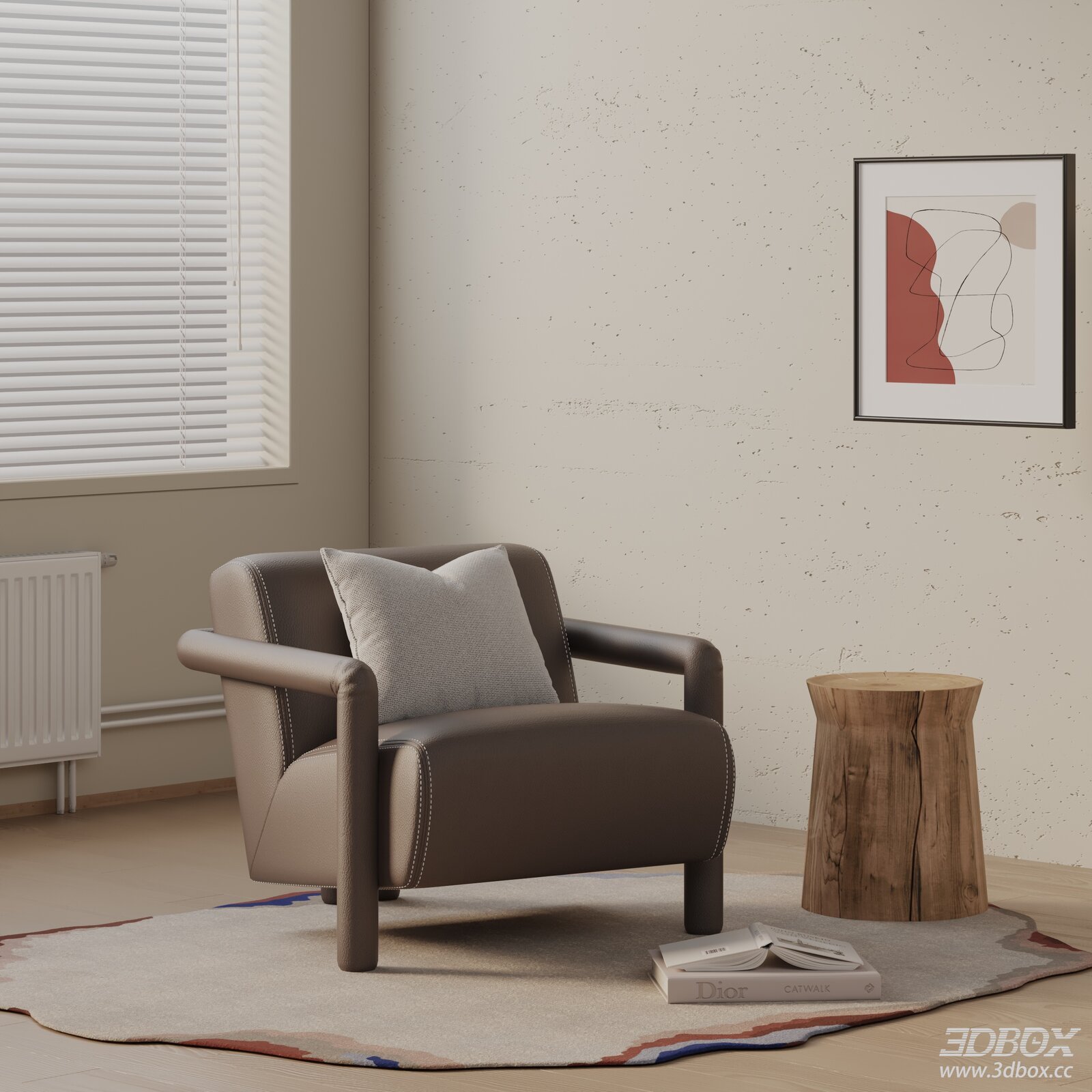 Modern Leather Armchair with Side Table and Decor 3D model - front view