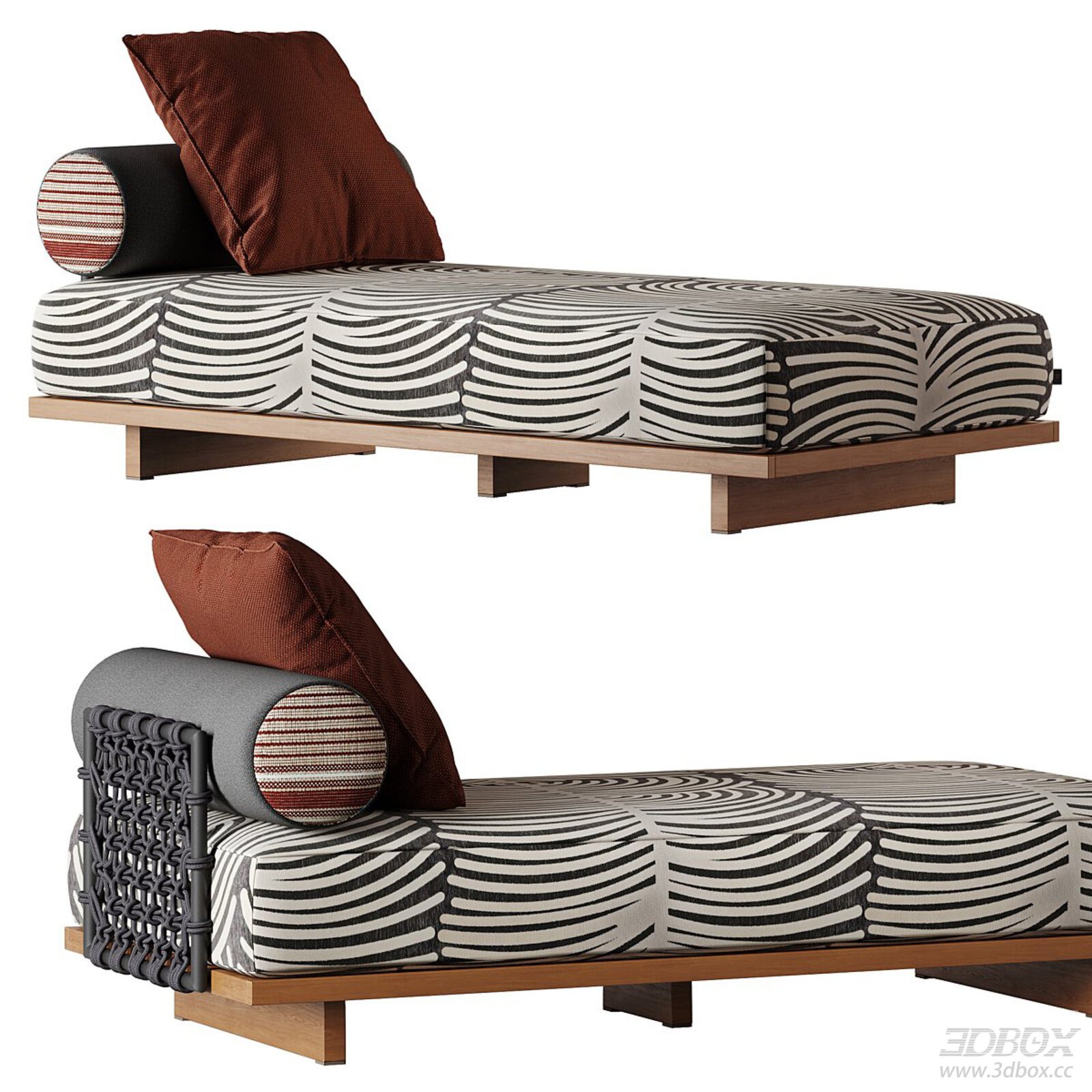 Modern Fabric Chaise Lounge Daybed with Wooden Base 3D model - front view