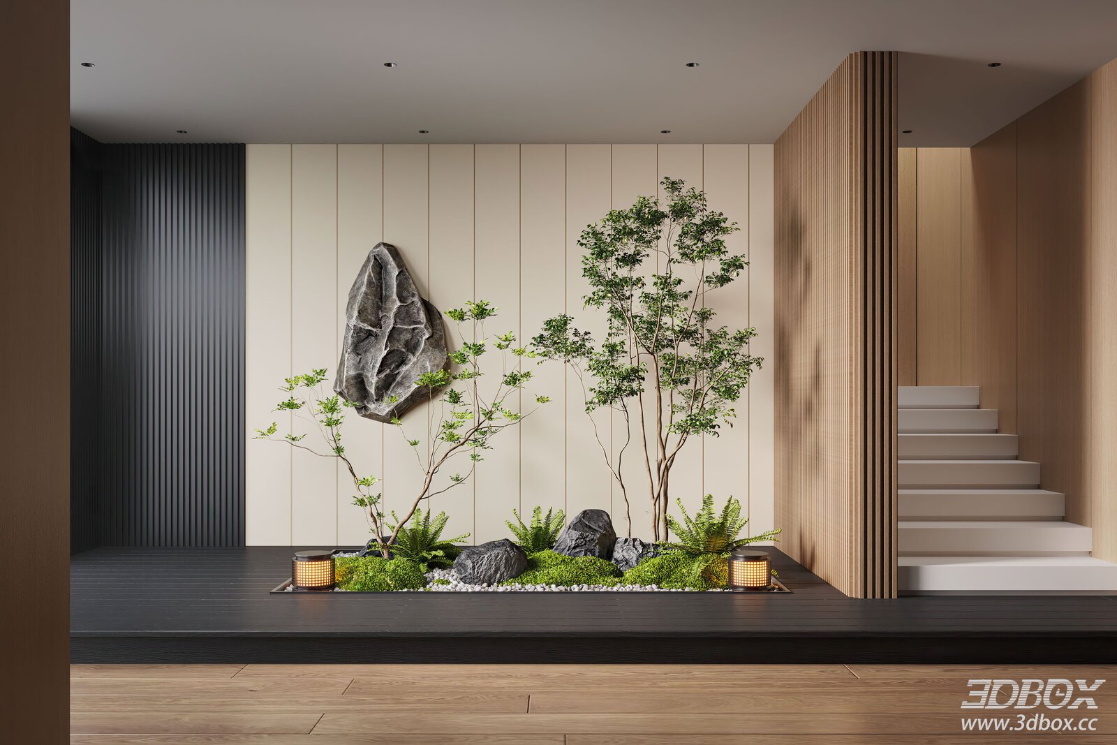 Modern Indoor Landscape Decor with Plants Moss and Decorative Stones 3D model - front view