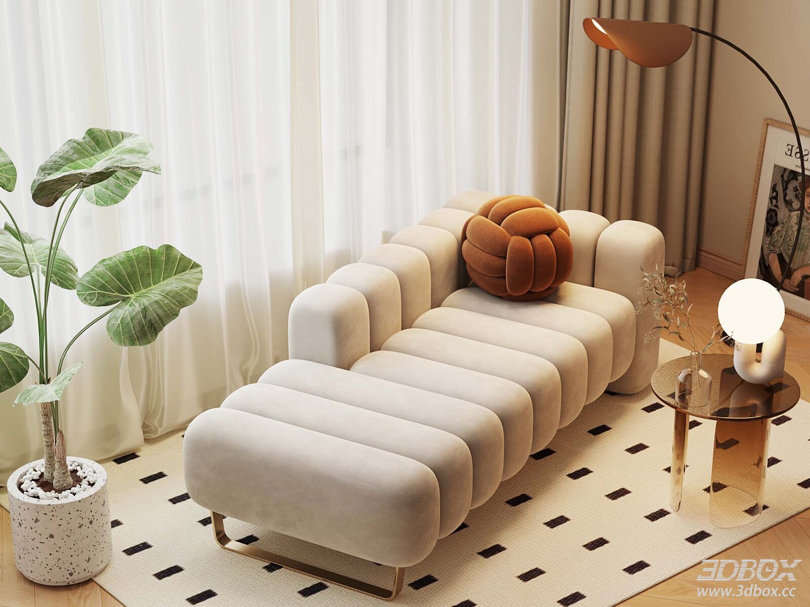 Cream Style Velvet Chaise Lounge Sofa Set 3D model - front view