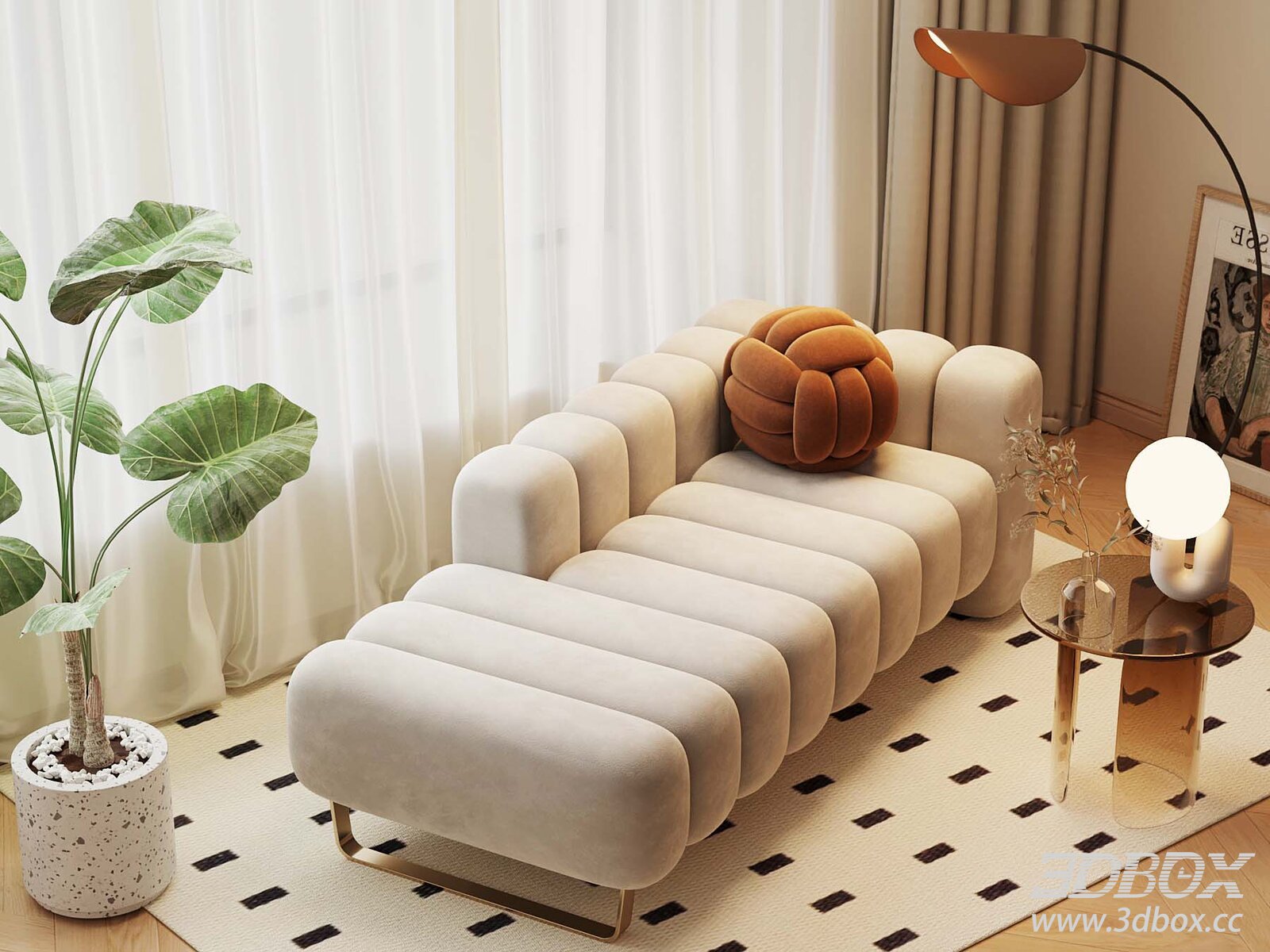 Cream Style Velvet Chaise Lounge Sofa Set 3D model - thumbnail 1