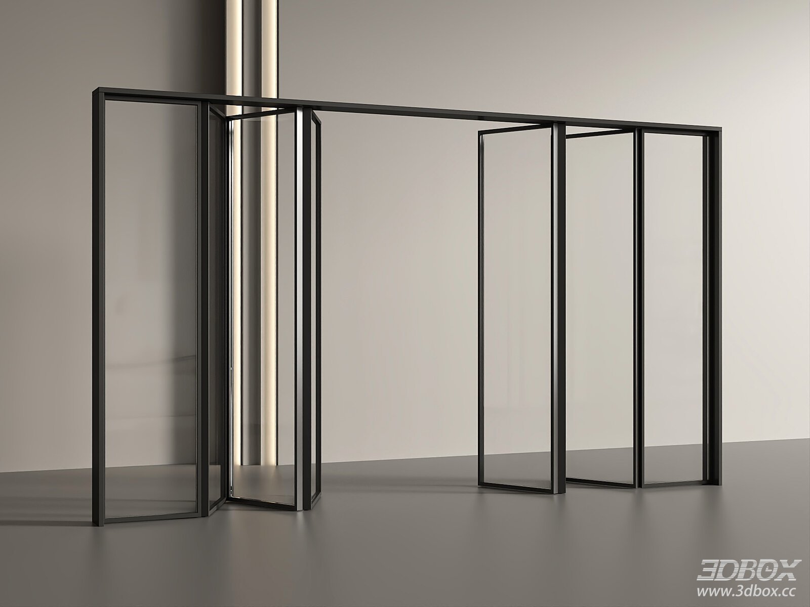 Modern Folding Glass Door with Black Metal Frame 3D model - front view