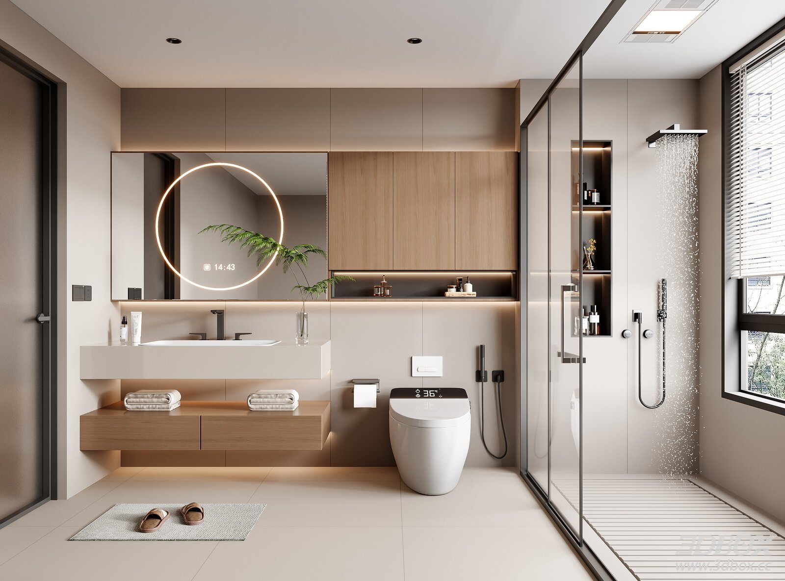 Modern Cream Style Minimalist Bathroom Interior Scene 3D model - front view