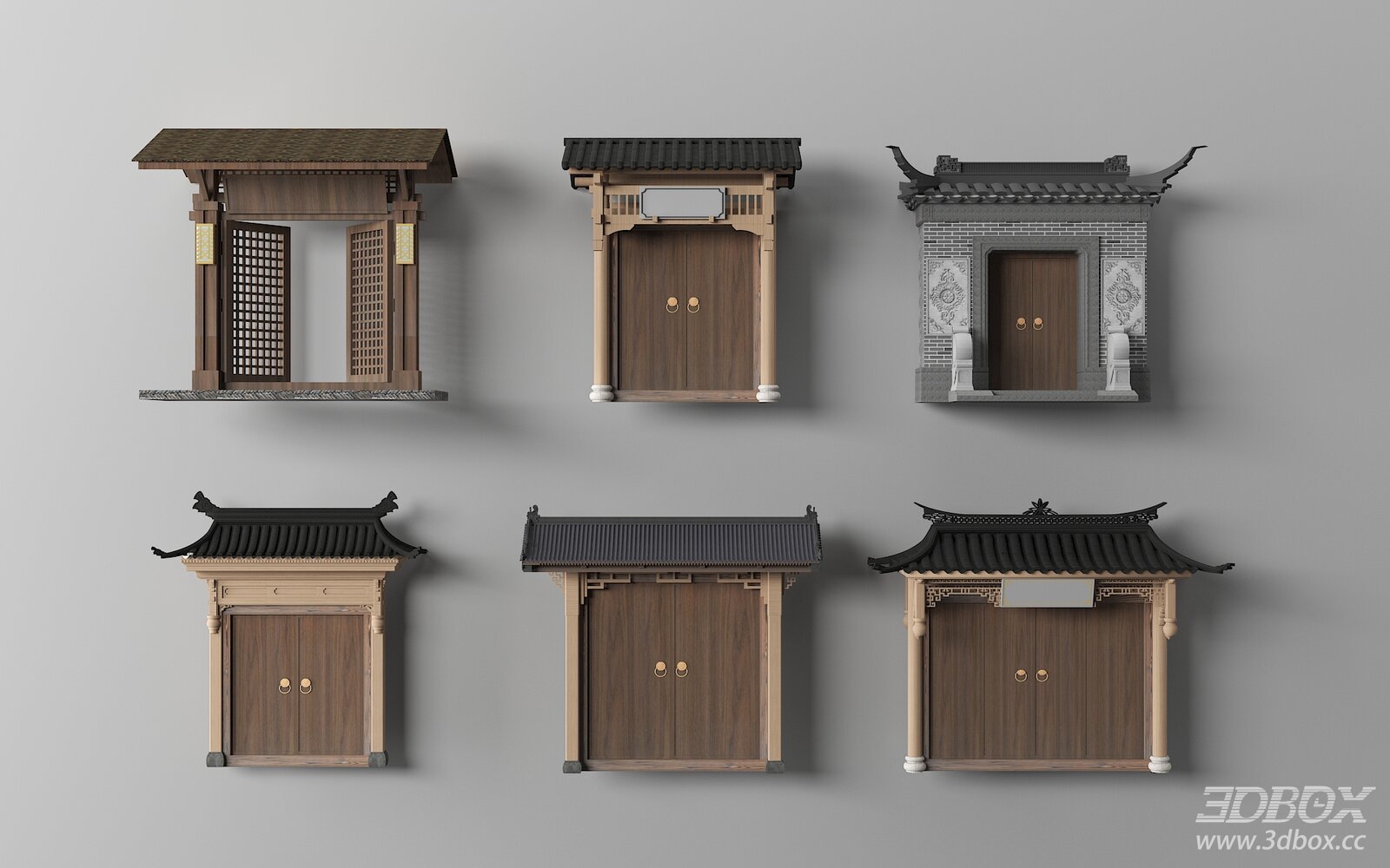 Chinese Style Traditional Courtyard Gate Set 3D model - front view