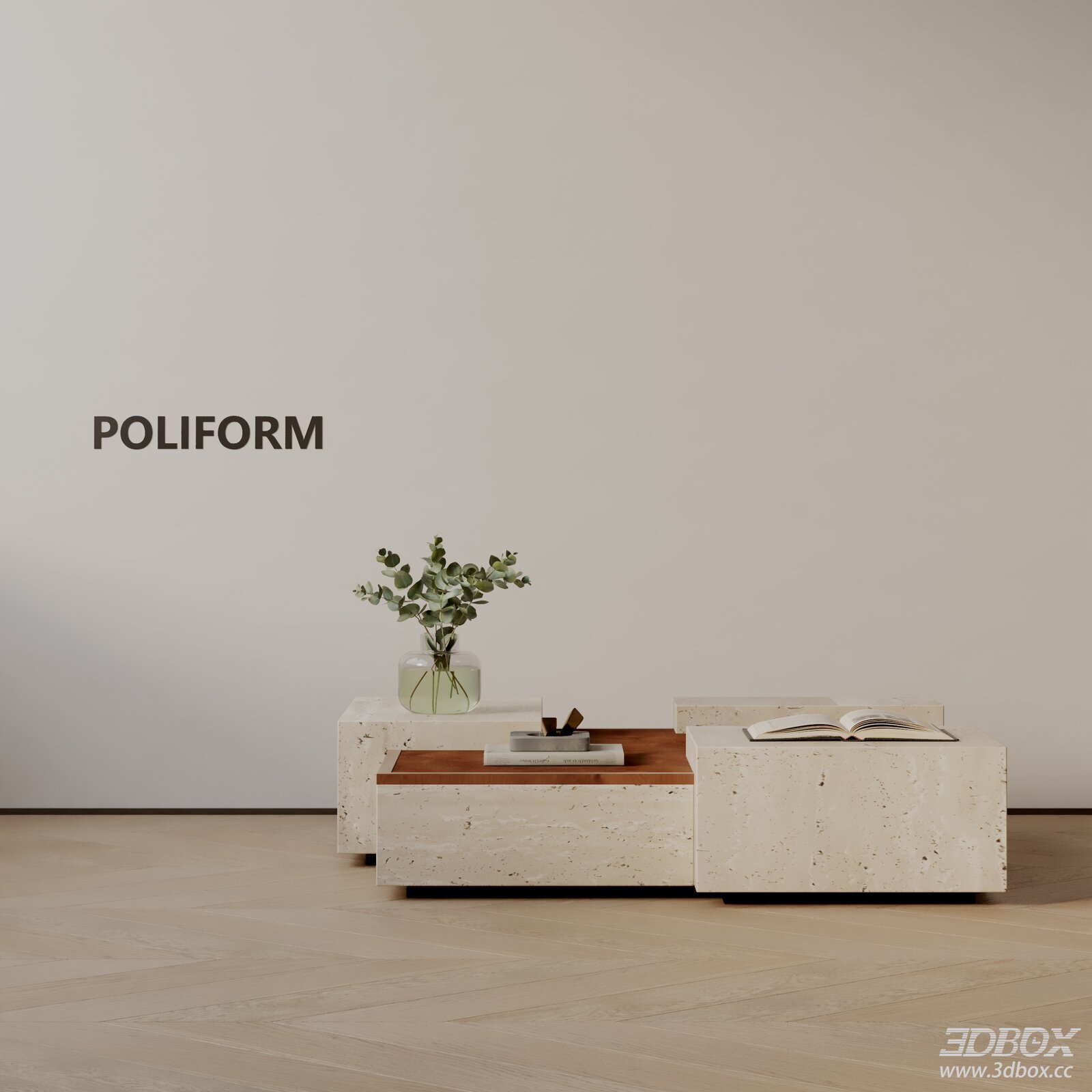 Modern Travertine Coffee Table with Wooden Top 3D model - front view