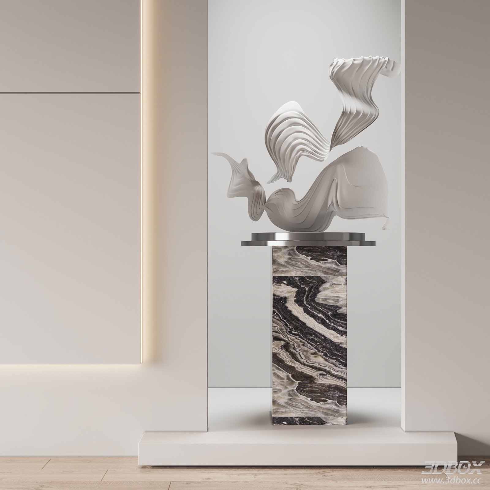 Abstract Flowing Modern Sculpture with Marble Pedestal 3D model - front view