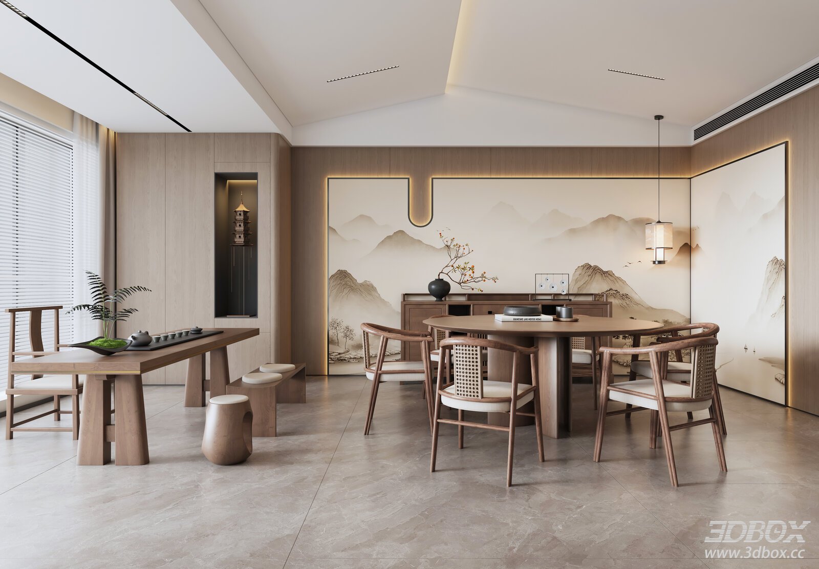 New Chinese Style Dining Room Song Dynasty Aesthetics Tea Dining Space 3D model - front view