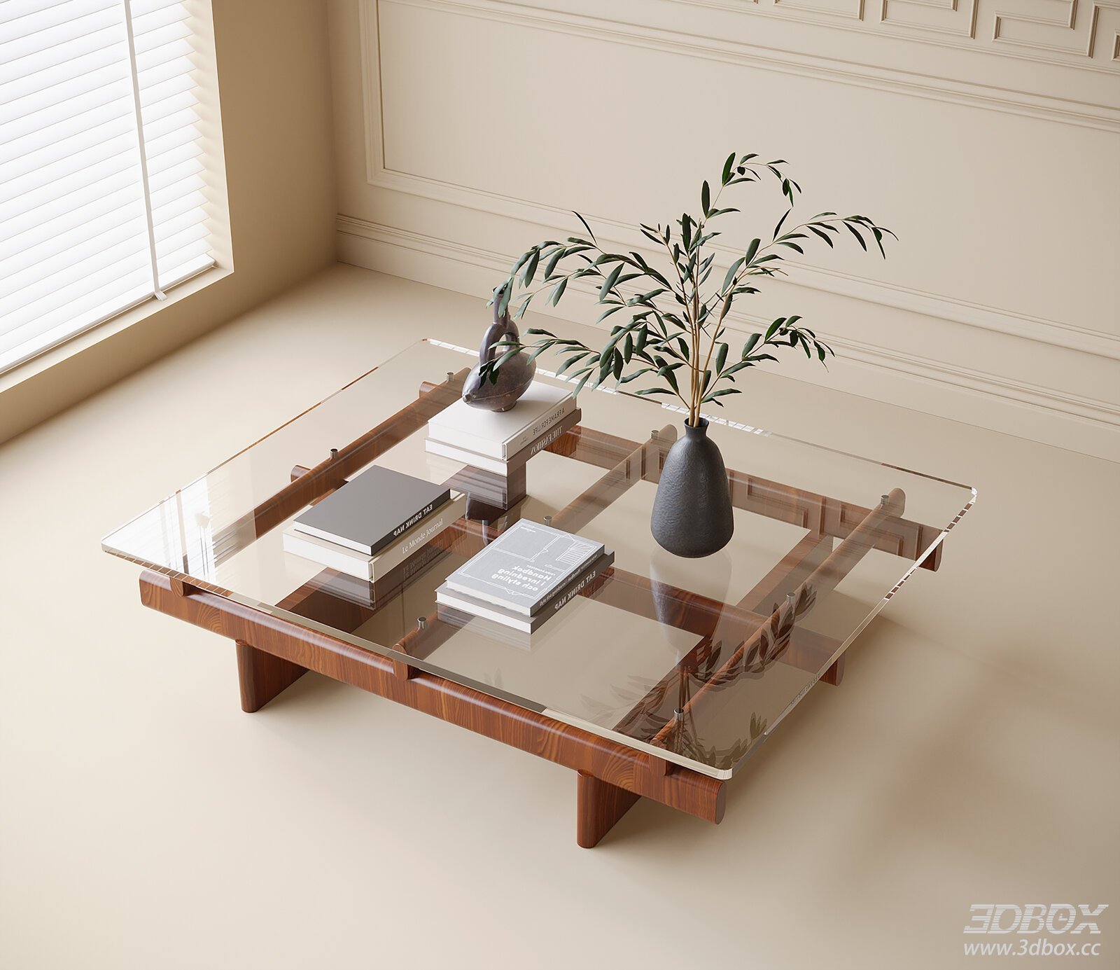 Modern Glass Top Wooden Frame Coffee Table 3D model - front view