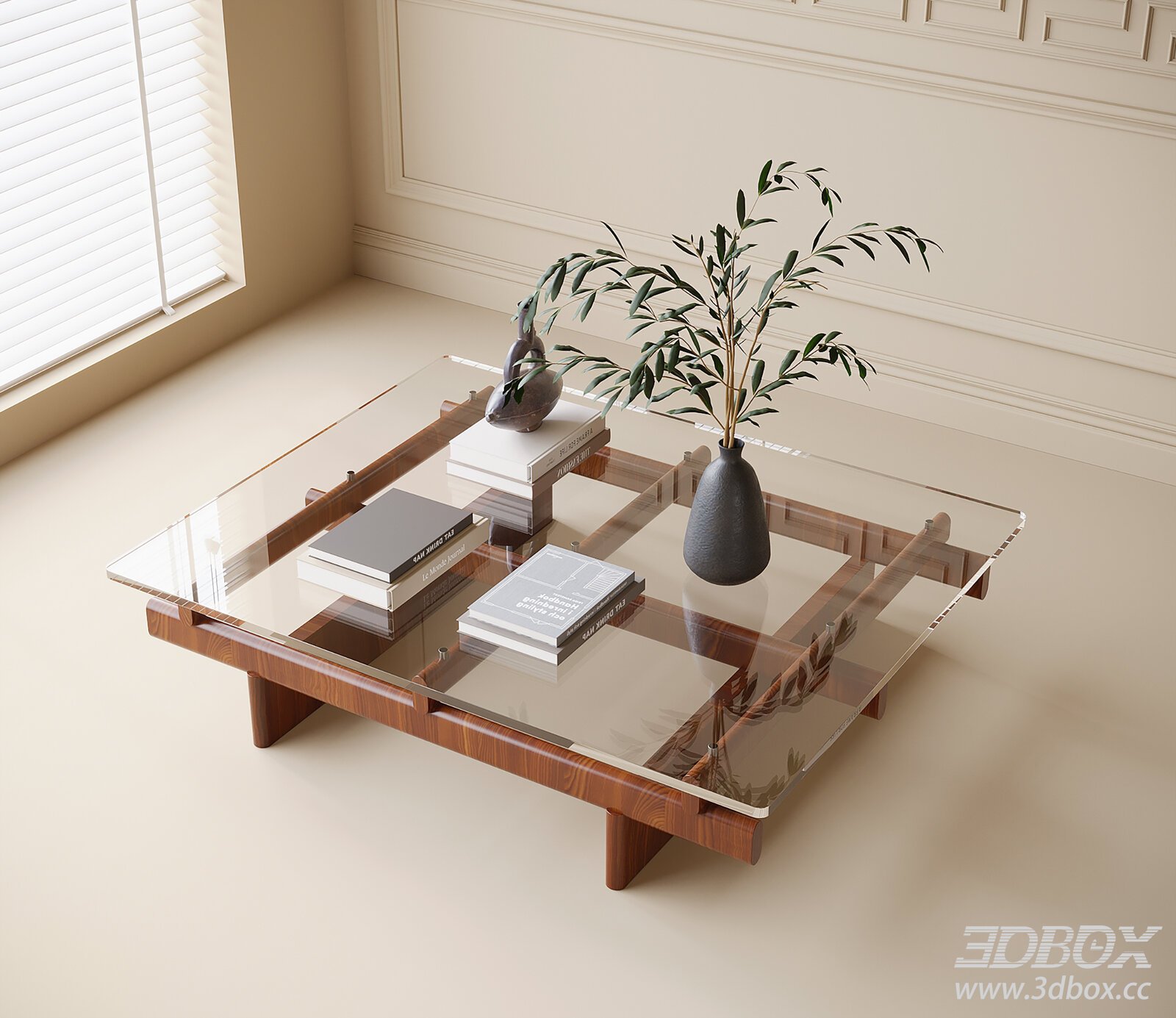 Modern Glass Top Wooden Frame Coffee Table 3D model - thumbnail 1