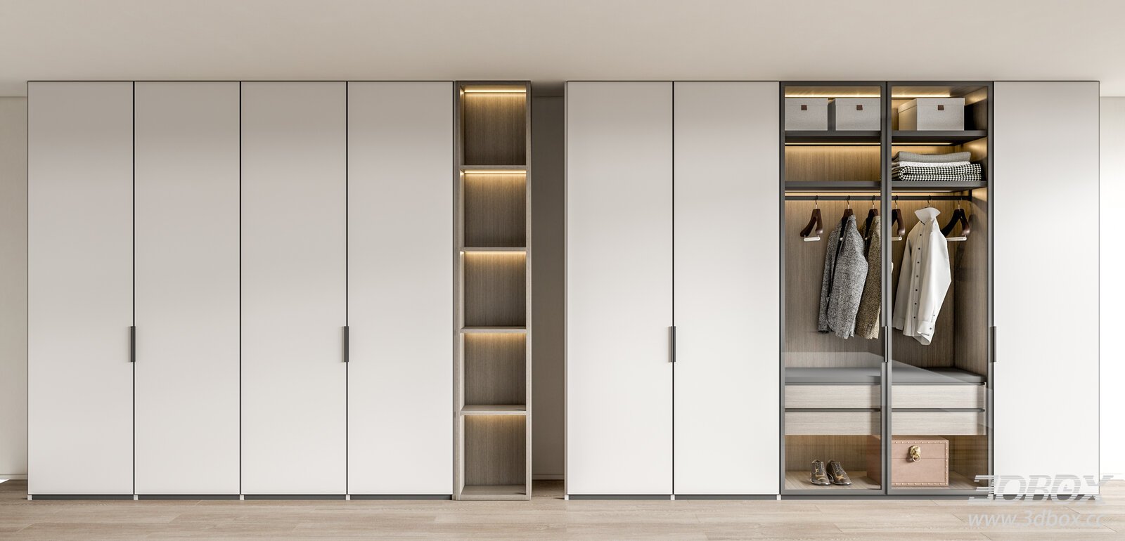 Modern Built-in Wardrobe with LED Lighting and Glass Doors 3D model - front view