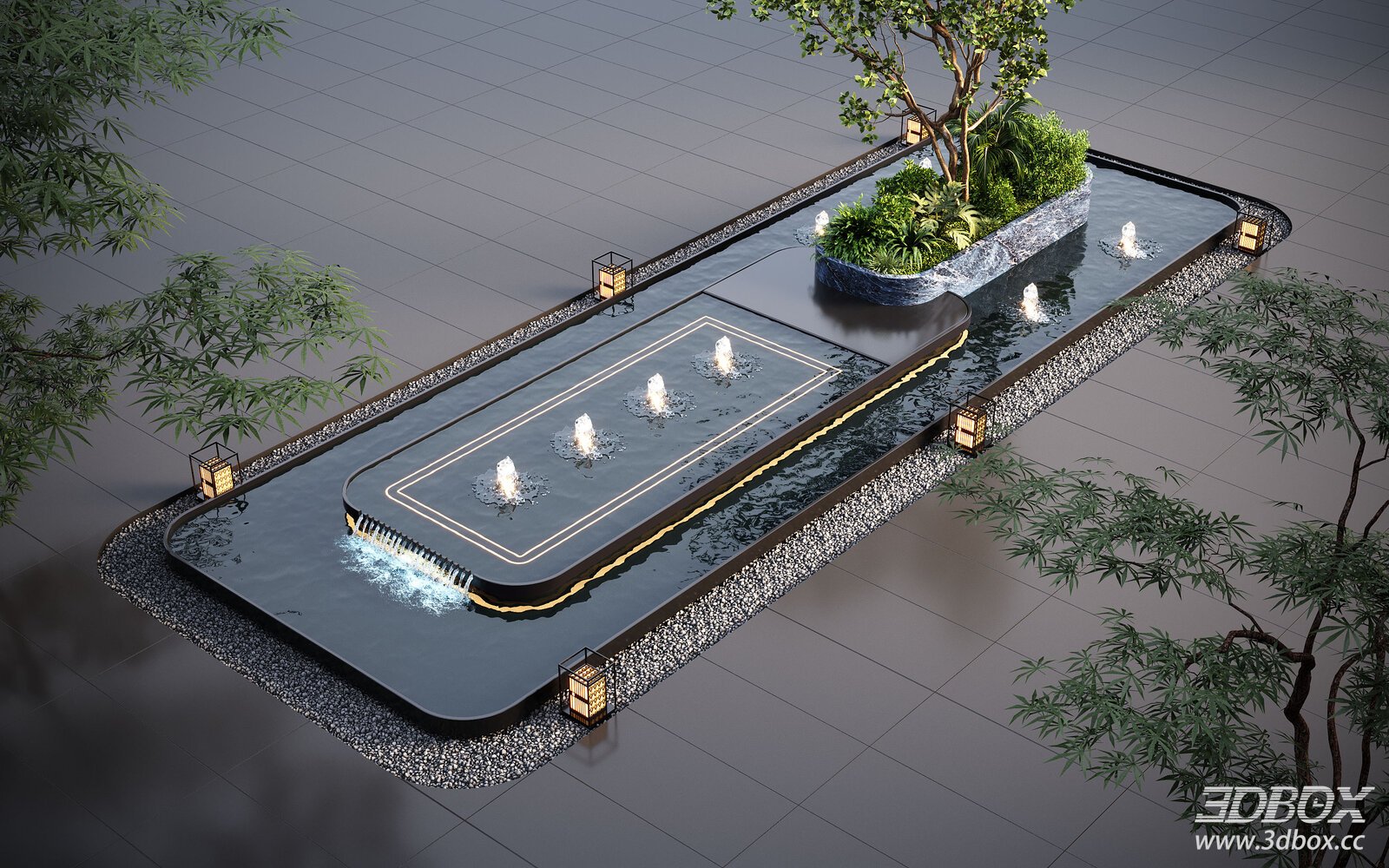 Modern Courtyard Cascading Water Fountain Landscape Feature 3D model - front view