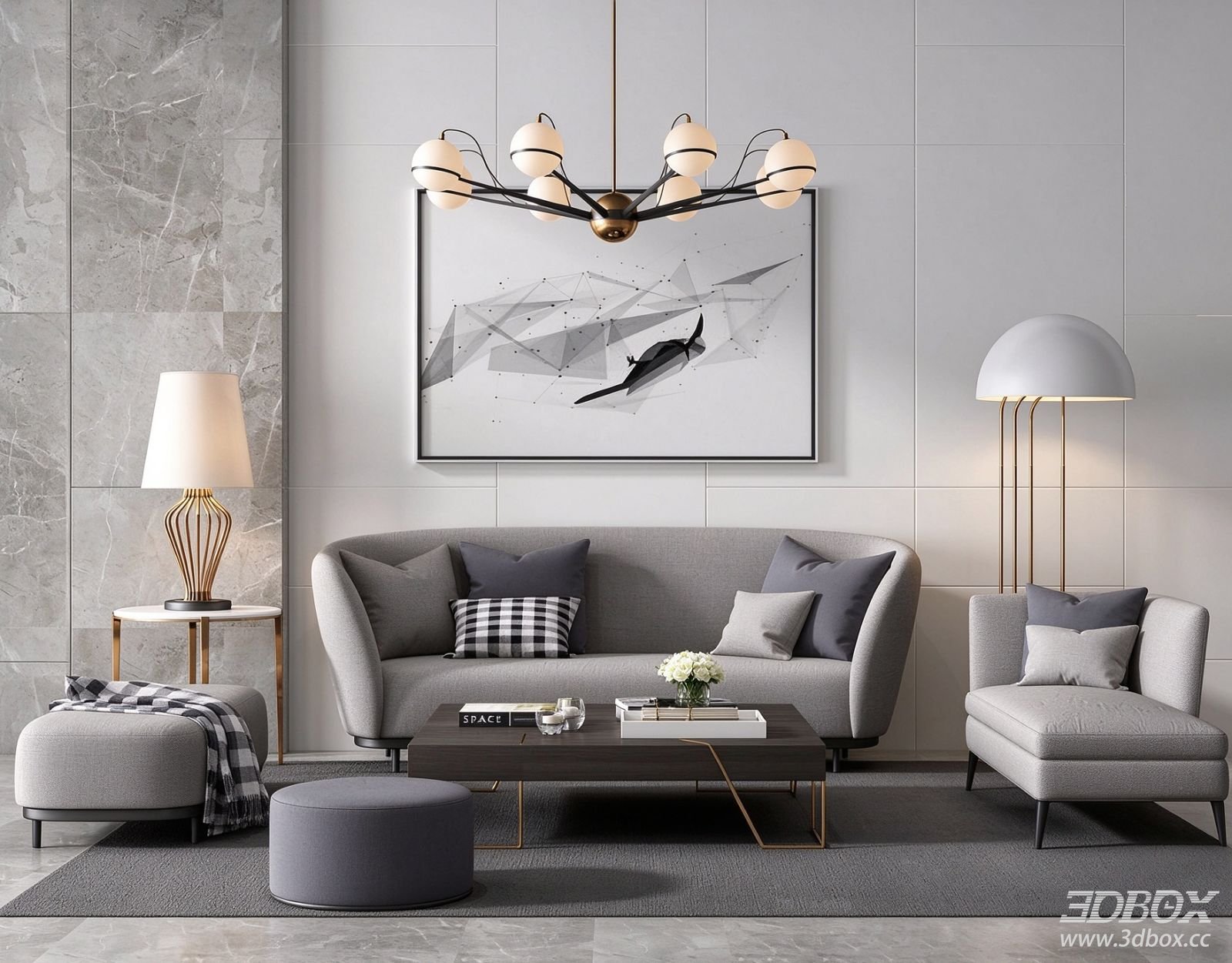 Modern Luxury Living Room Fabric Sofa Coffee Table Set 3D model - front view