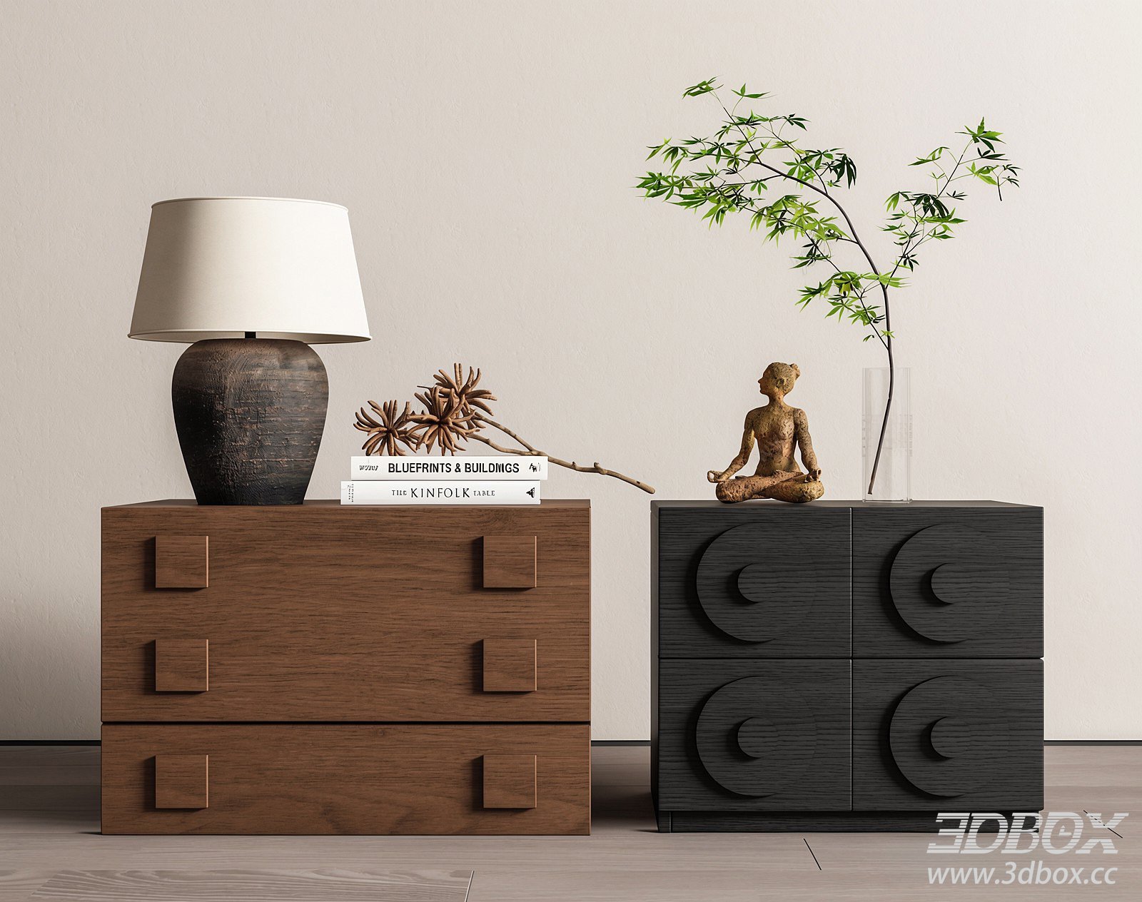 Mid Century Modern Wooden Nightstand Set 3D model - thumbnail 1