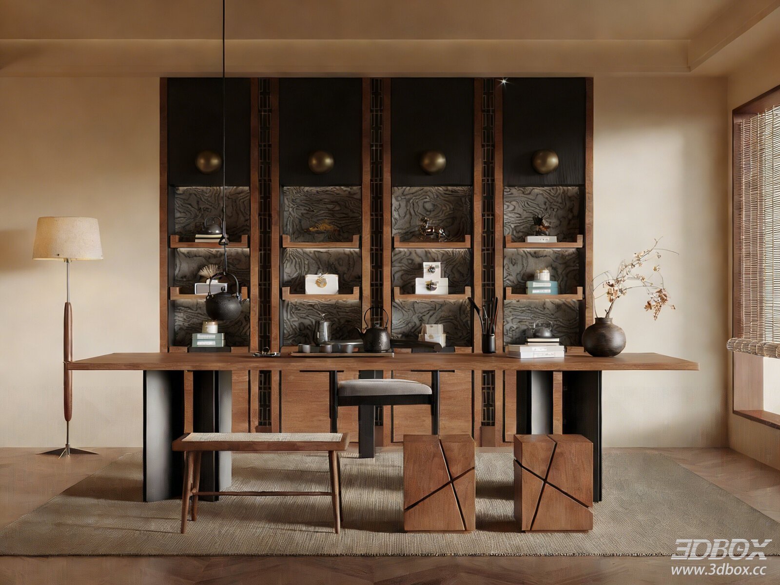 Mid-century New Chinese Style Tea Room Interior 3D model - front view
