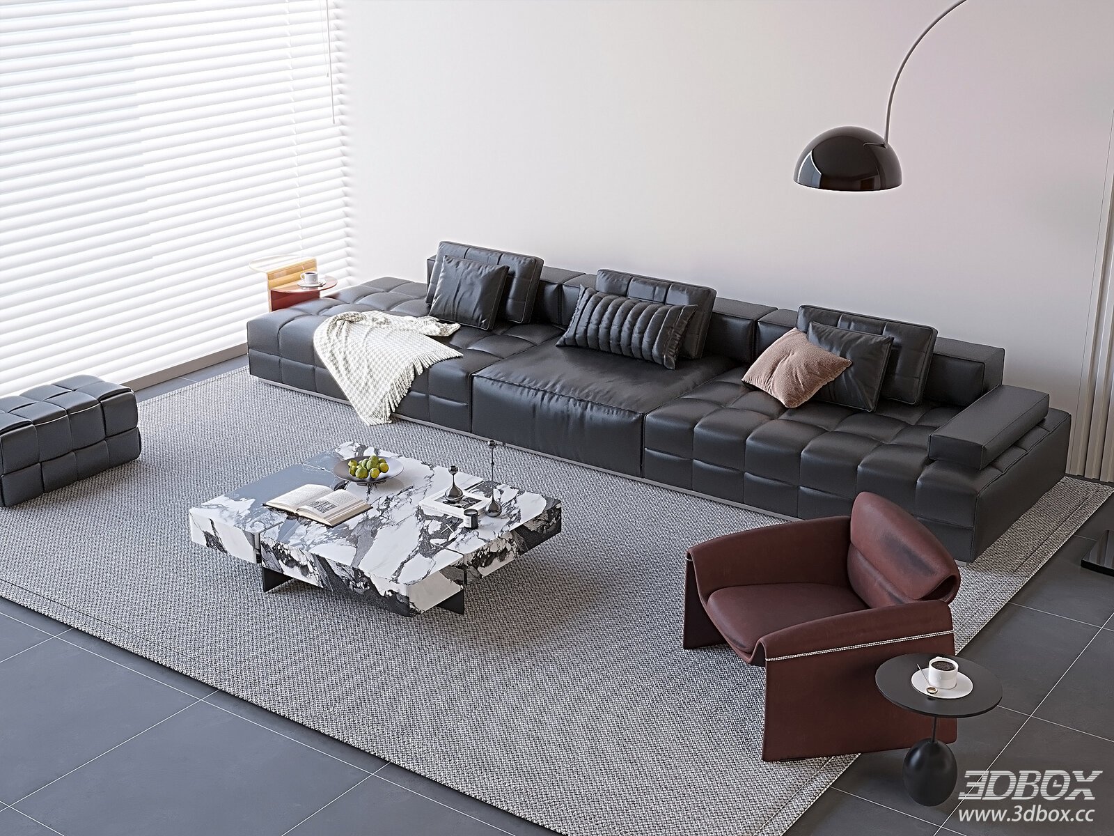 Italian Minimalist Leather Sofa Set Living Room 3D model - front view