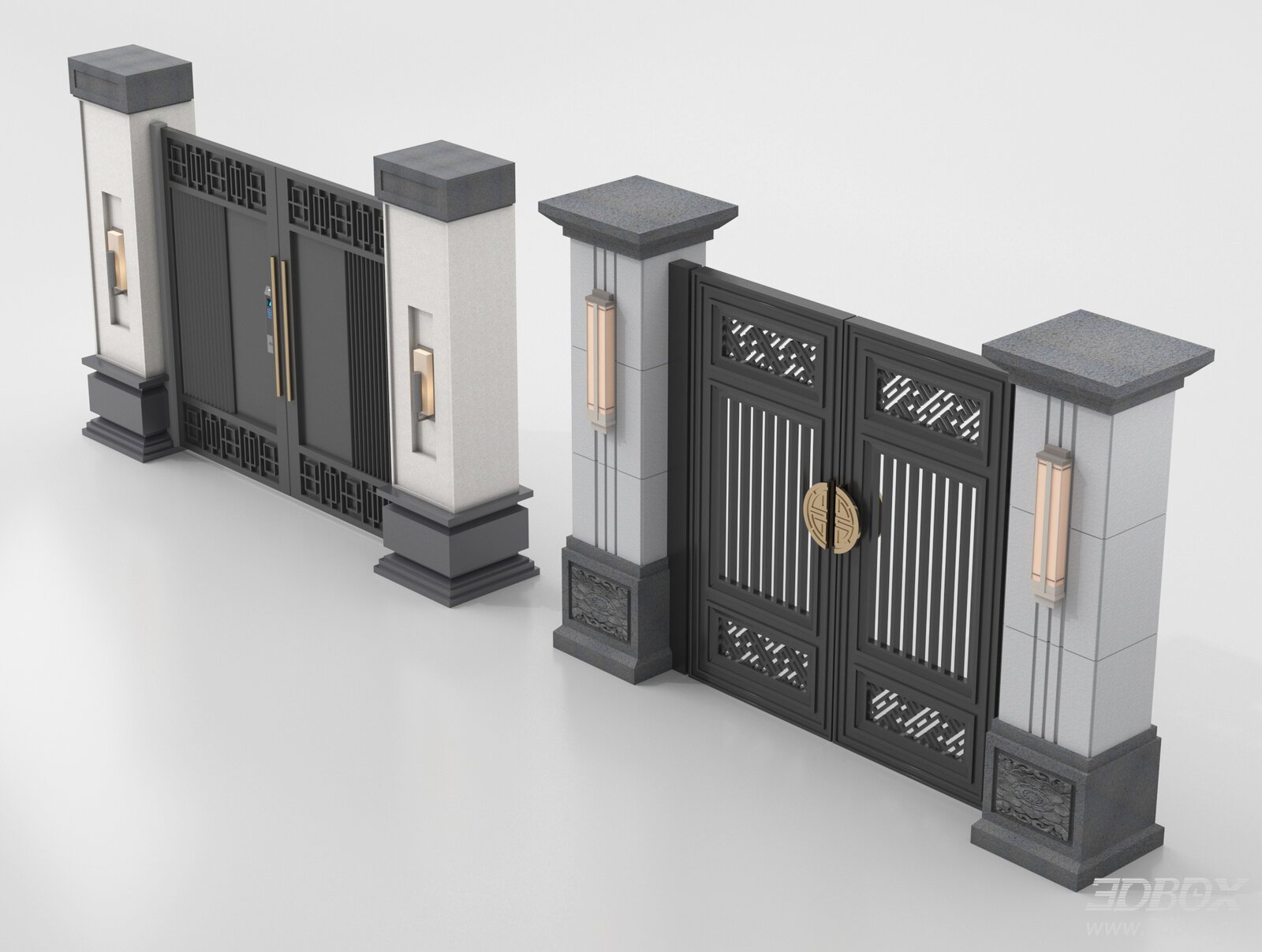New Chinese Style Villa Wrought Iron Courtyard Gate with Stone Pillars 3D model - front view
