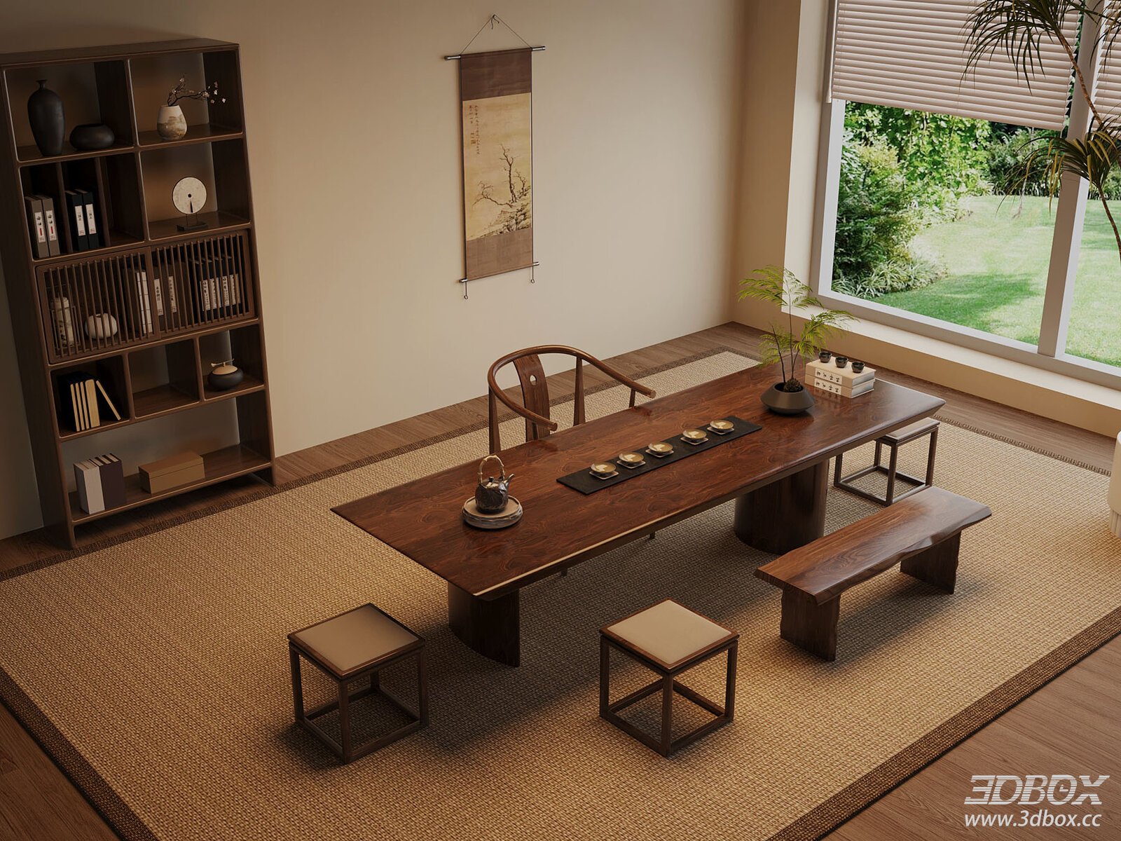 Wabi Sabi Vintage Solid Wood Tea Room Interior Scene 3D model - front view