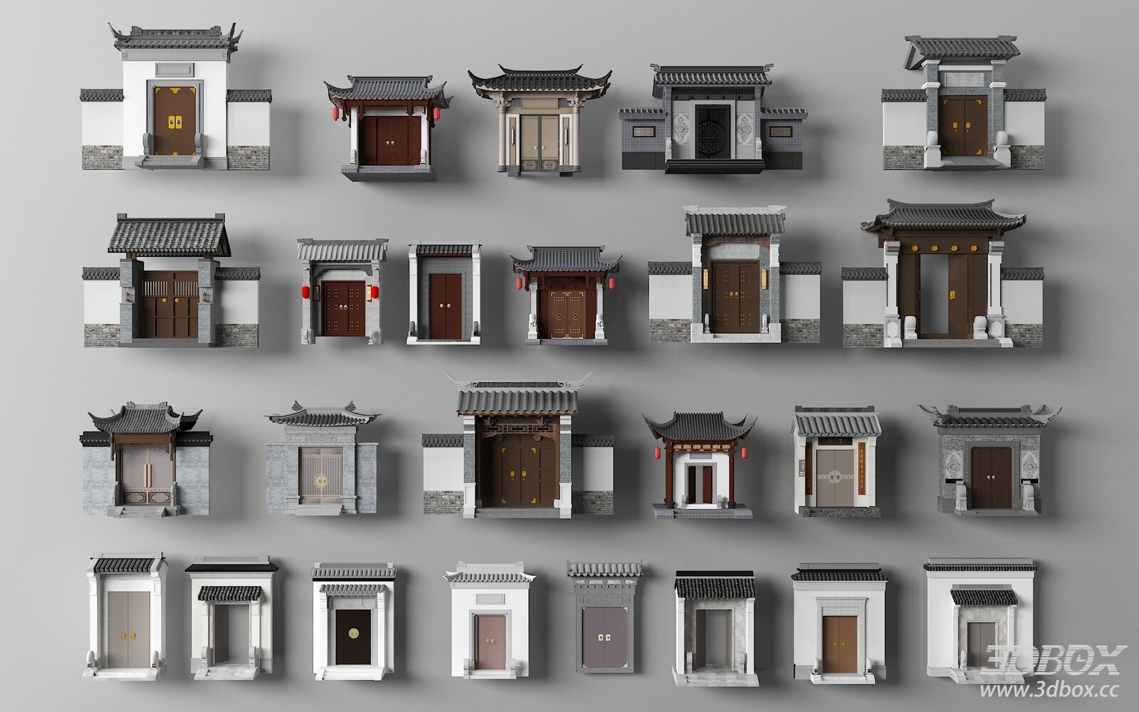 Chinese Traditional Courtyard Gate Collection Huizhou Style Entrance 3D model - front view