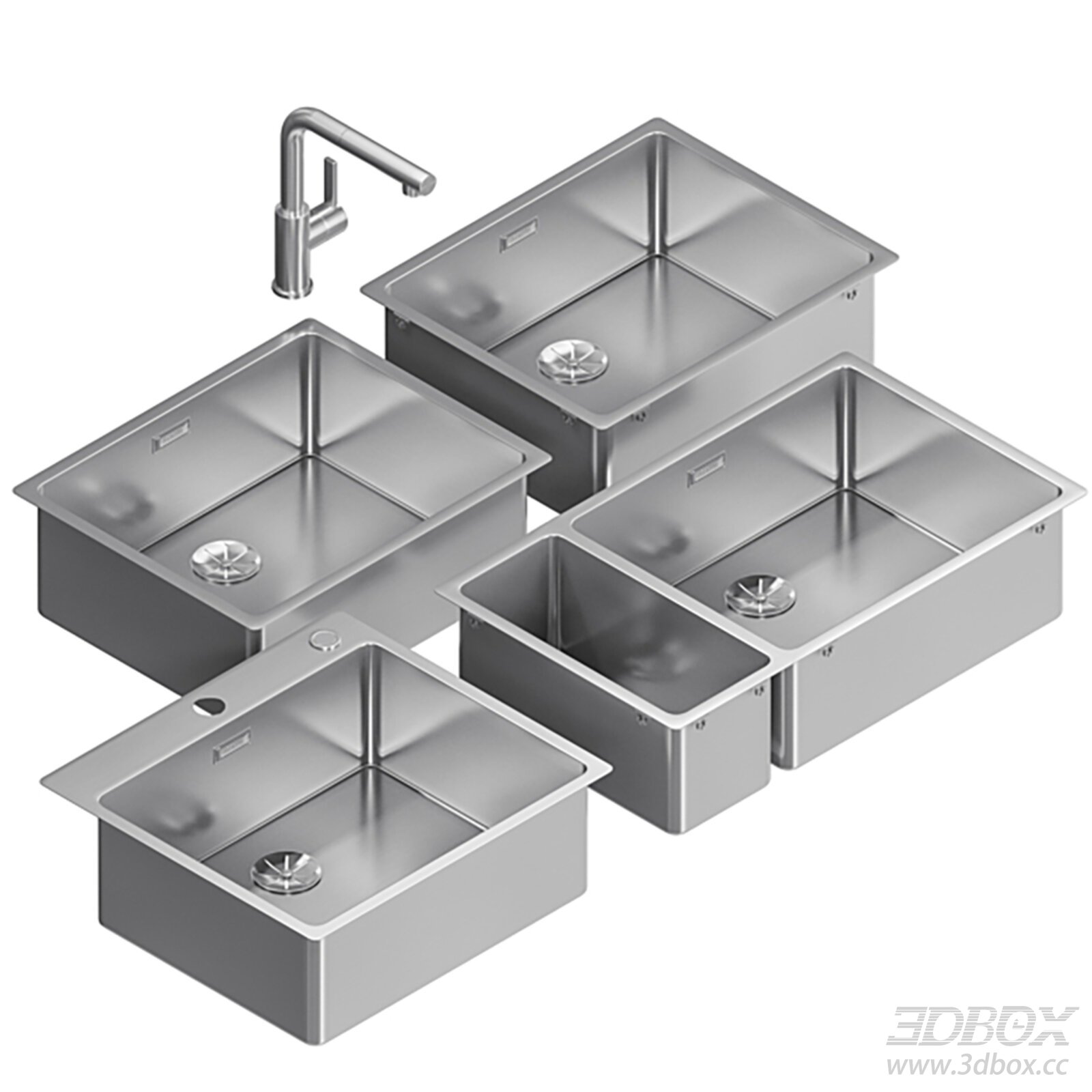 Stainless Steel Kitchen Sink Set with Faucet 3D model - thumbnail 1