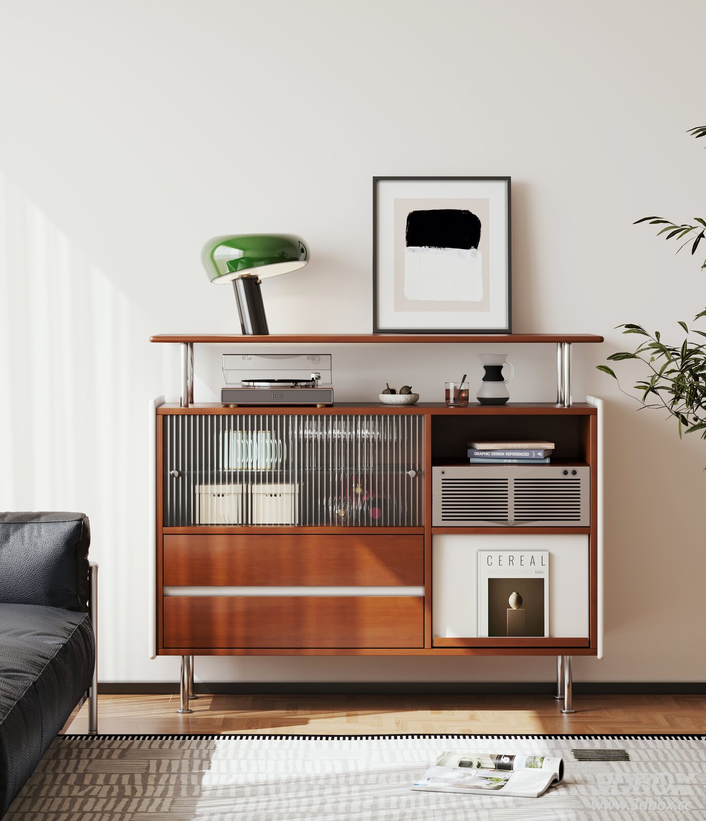 Bauhaus Mid Century Wooden Sideboard Storage Cabinet 3D model - front view