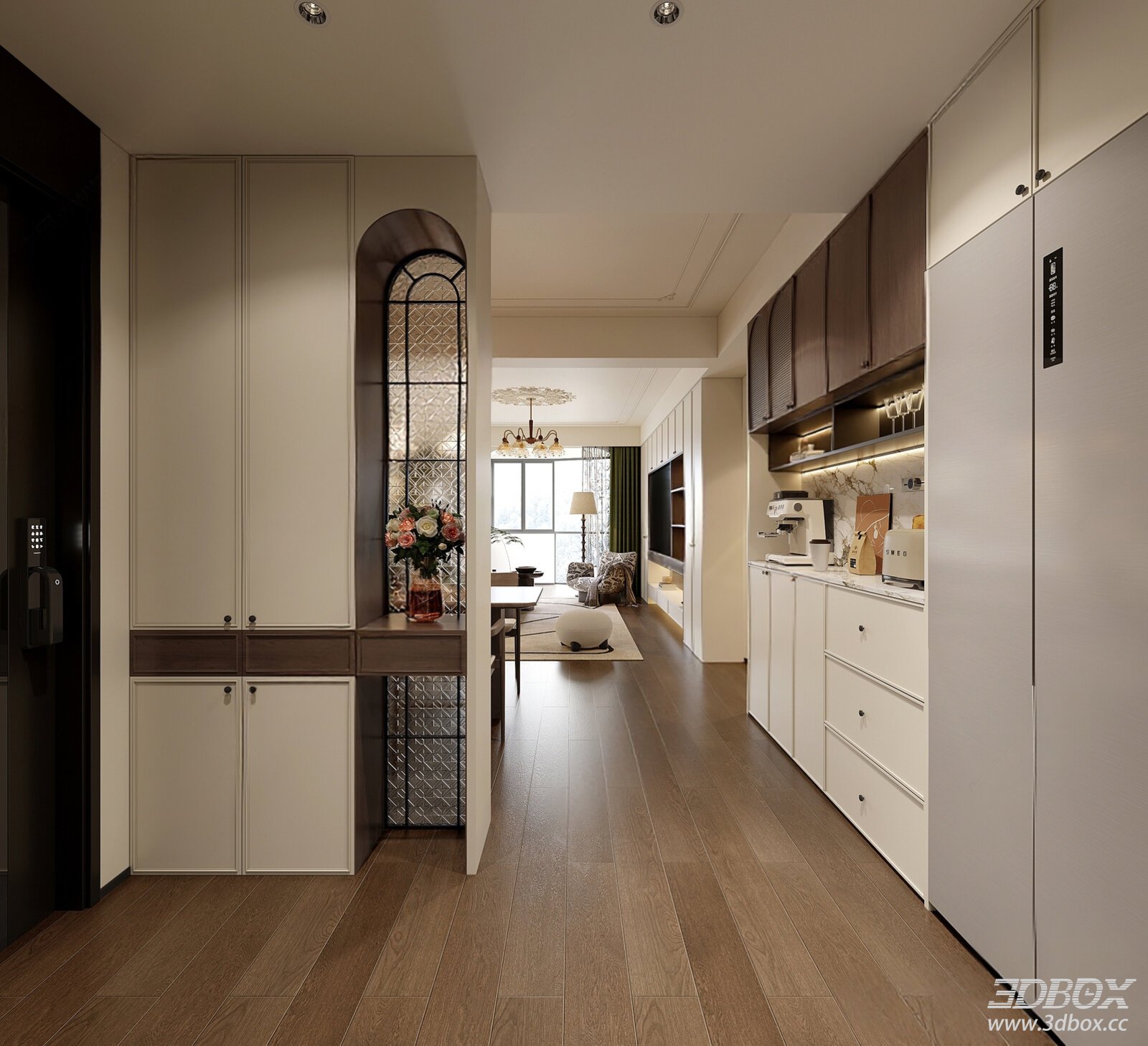 French Vintage Style Entry Hallway with Shoe Cabinet 3D model - front view