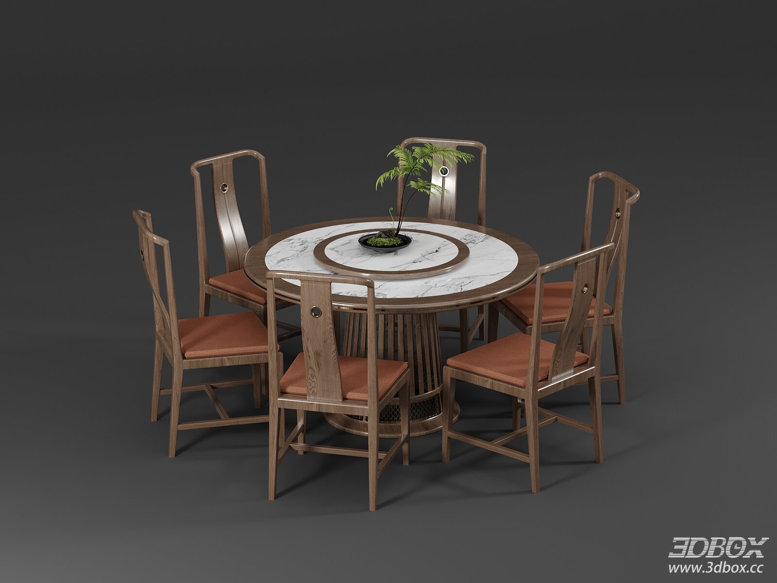 New Chinese Style Round Marble Top Dining Table and Chairs Set 3D model - front view