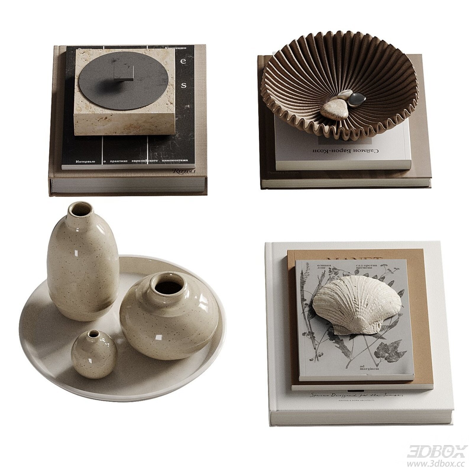 Modern Neutral Decorative Set with Books Vases and Shells 3D model - front view