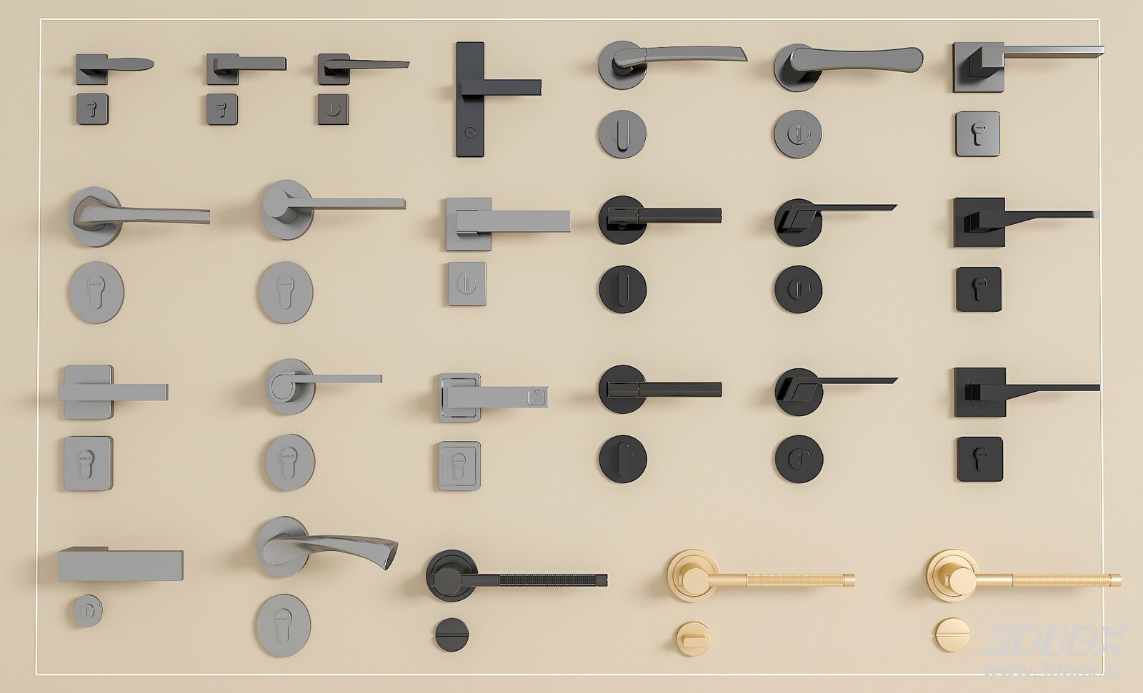 Modern Door Handle and Lock Hardware Set 3D model - front view