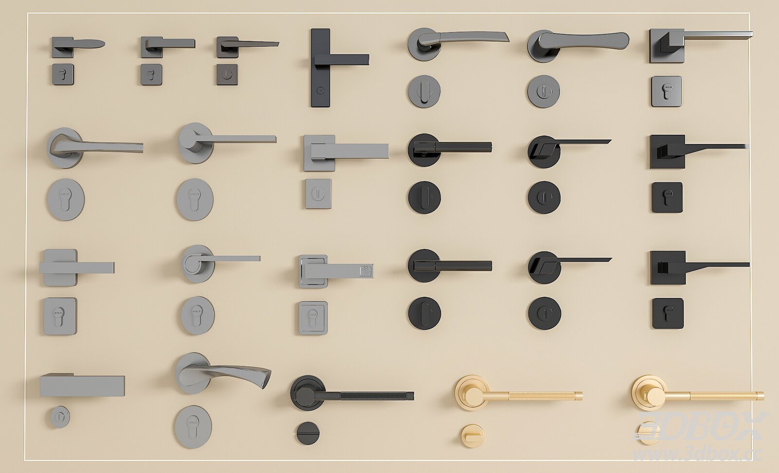 Modern Door Handle and Lock Hardware Set 3D model - thumbnail 1