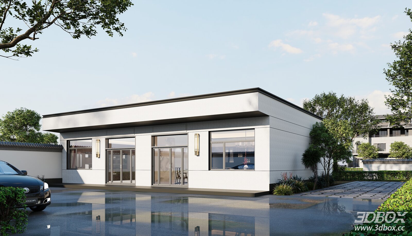 Modern Single Storey Villa Residential Exterior Scene 3D model - front view