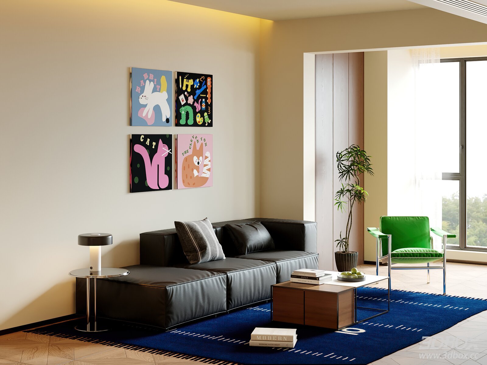 Modern Bauhaus Living Room Leather Sofa Coffee Table Set 3D model - front view