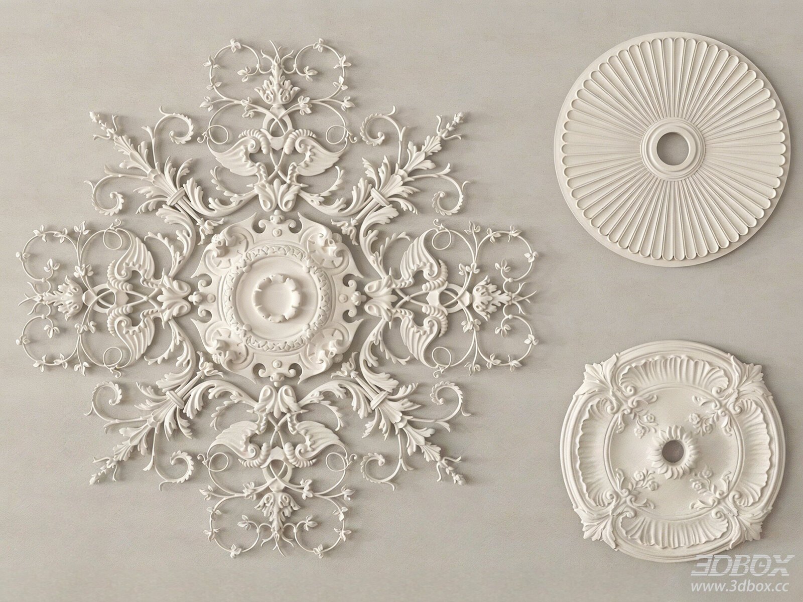 French Style Carved Gypsum Decorative Plaster Ceiling Rosette Set 3D model - front view