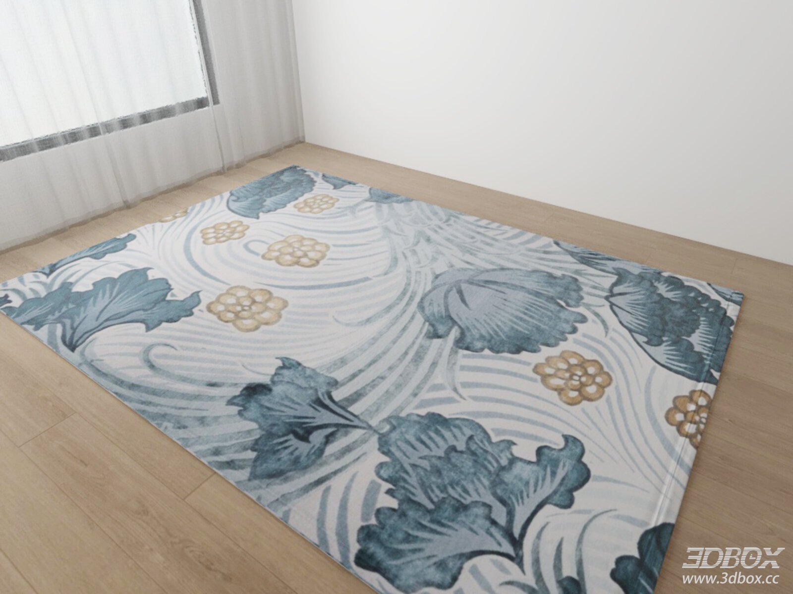 Modern Floral Blue Gold Decorative Carpet 3D model - thumbnail 1