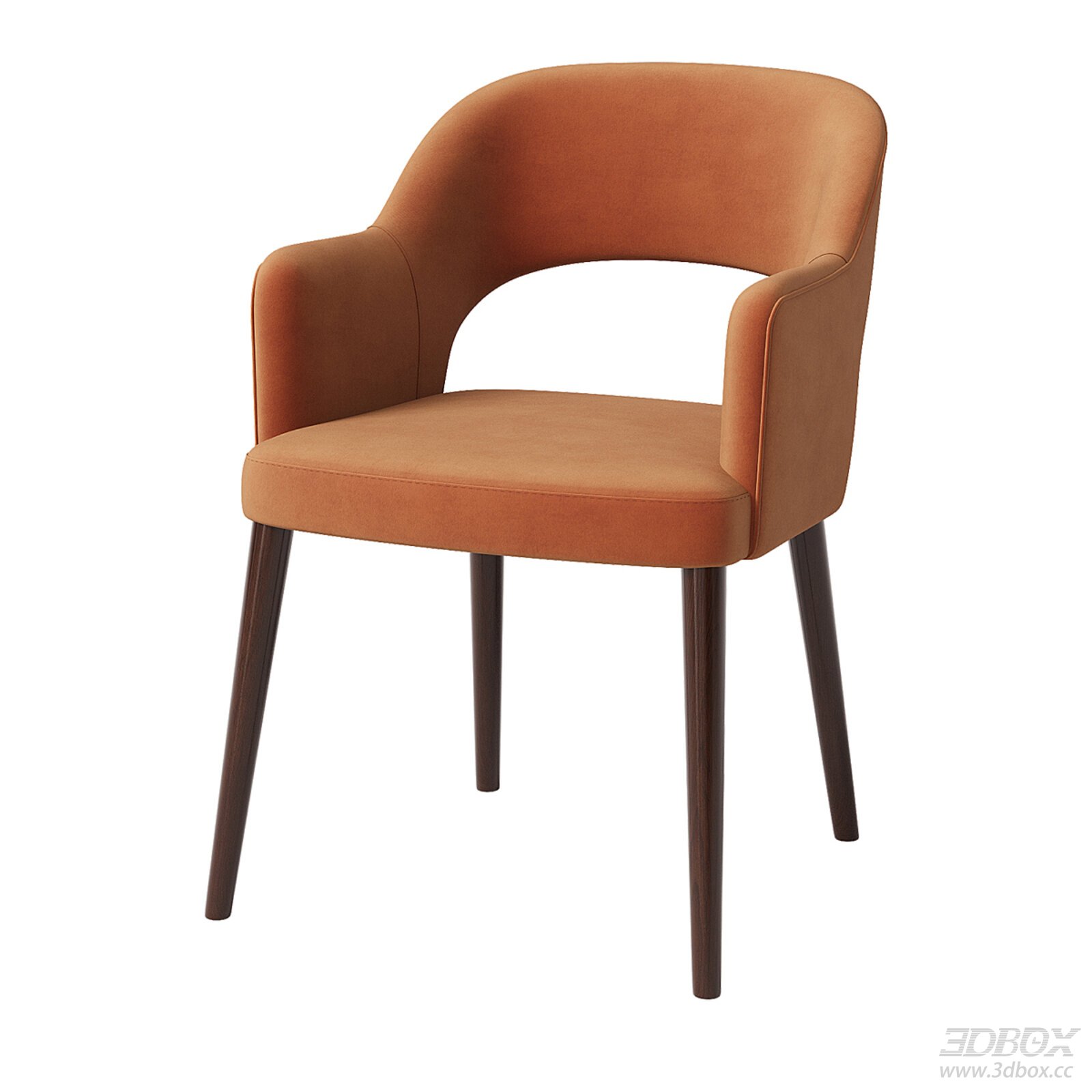 Modern Orange Velvet Armchair with Wooden Legs 3D model - front view