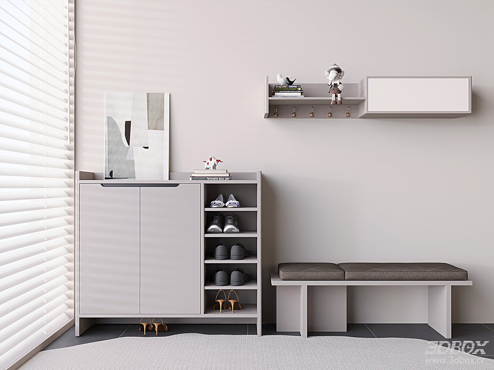 Modern Minimalist Solid Wood Hallway Shoe Cabinet with Bench 3D model - front view
